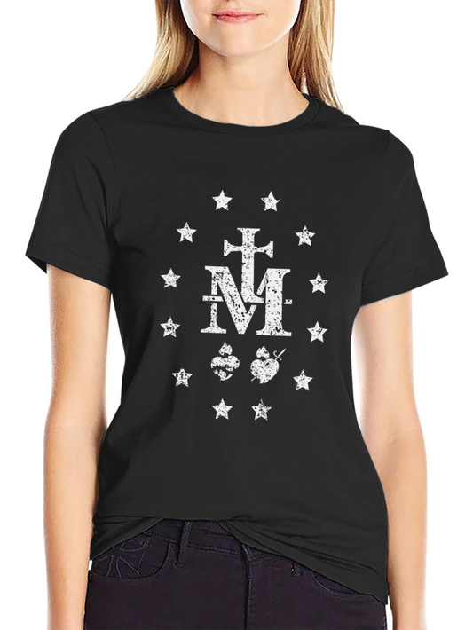 Camiseta Negra Estampado Cruz y Corazones Sagrados