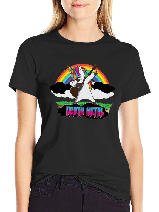 Camiseta Negra Unicornio Metalero con Arcoíris