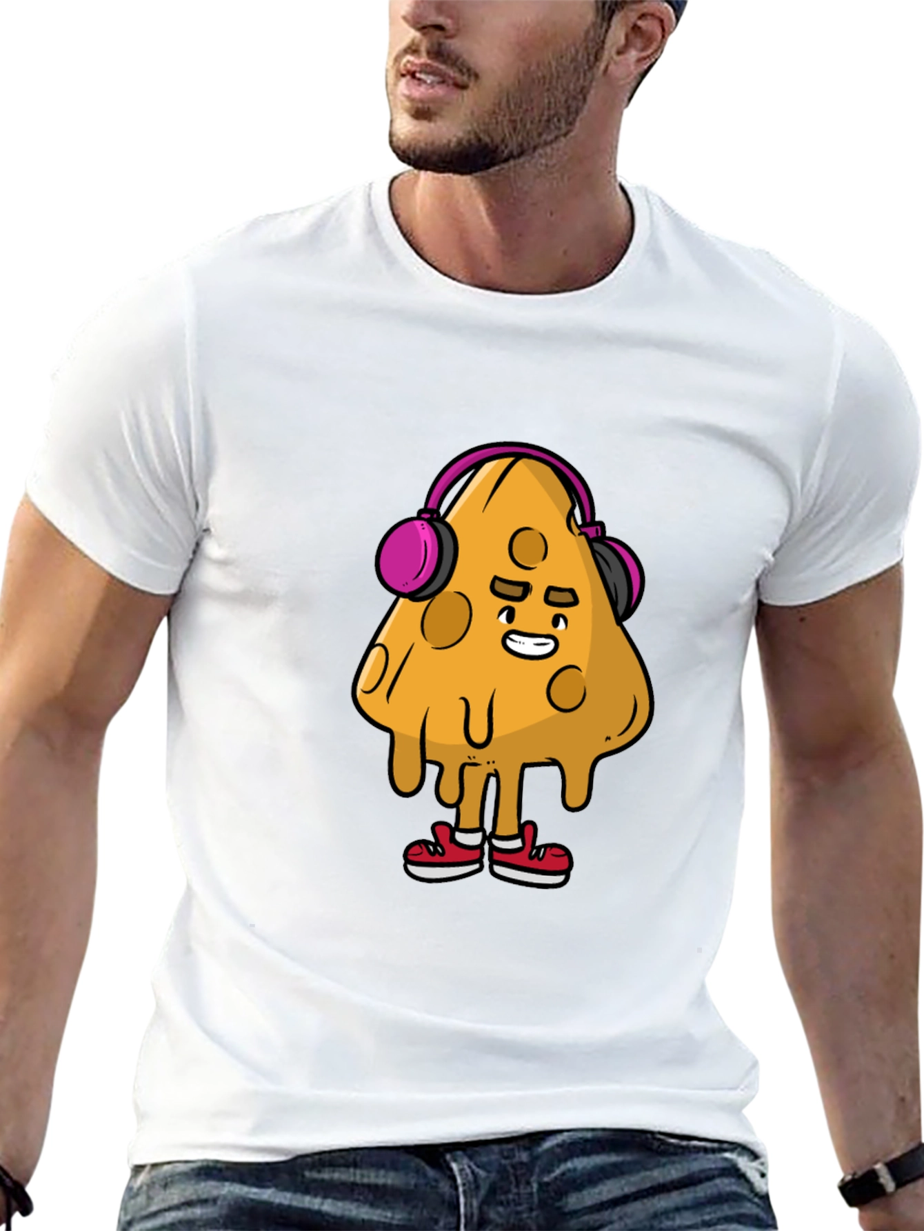 Camiseta Negra con Diseño Divertido de Queso con Auriculares