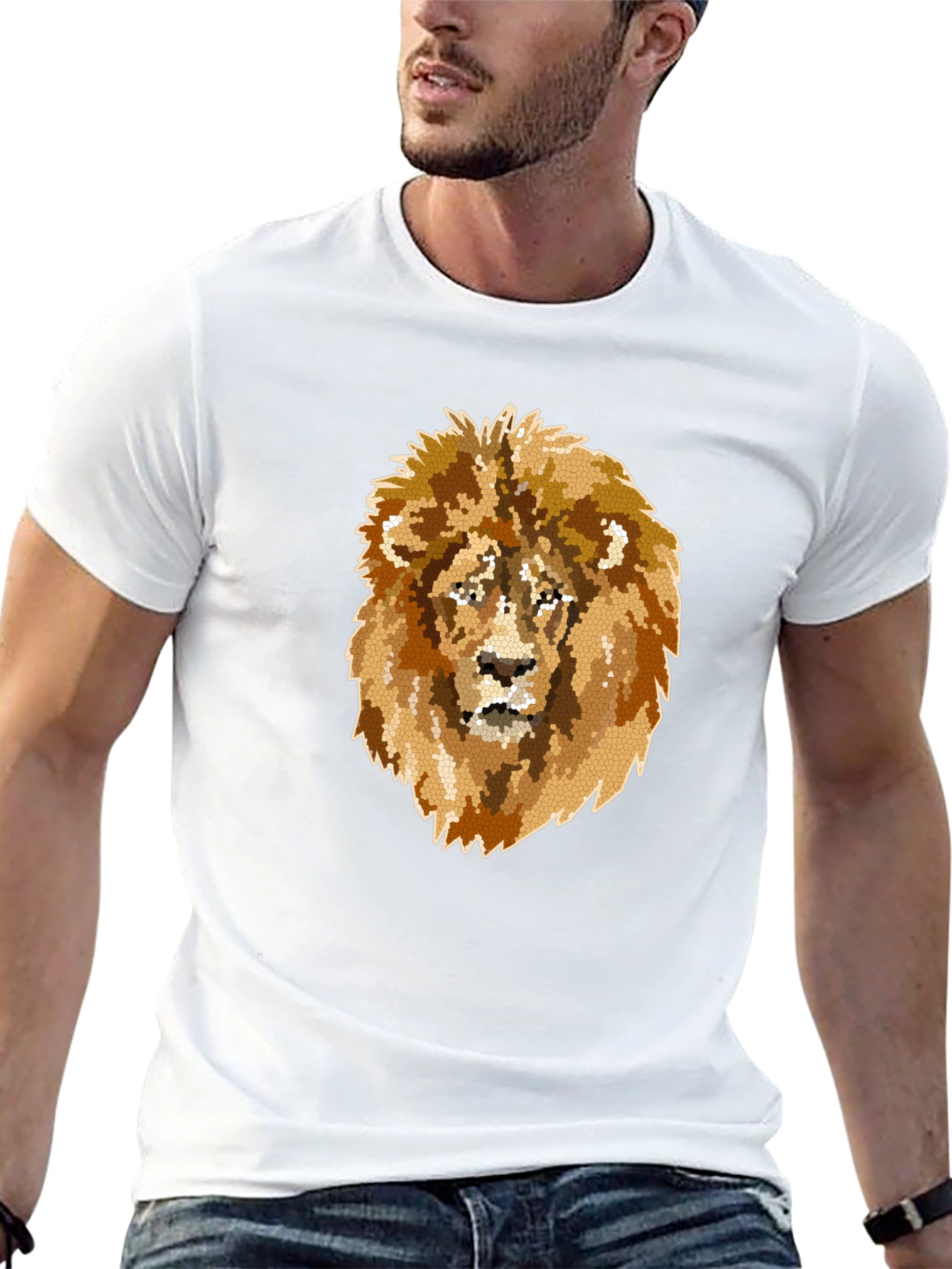 Camiseta Negra Hombre con Diseño de León Mosaico