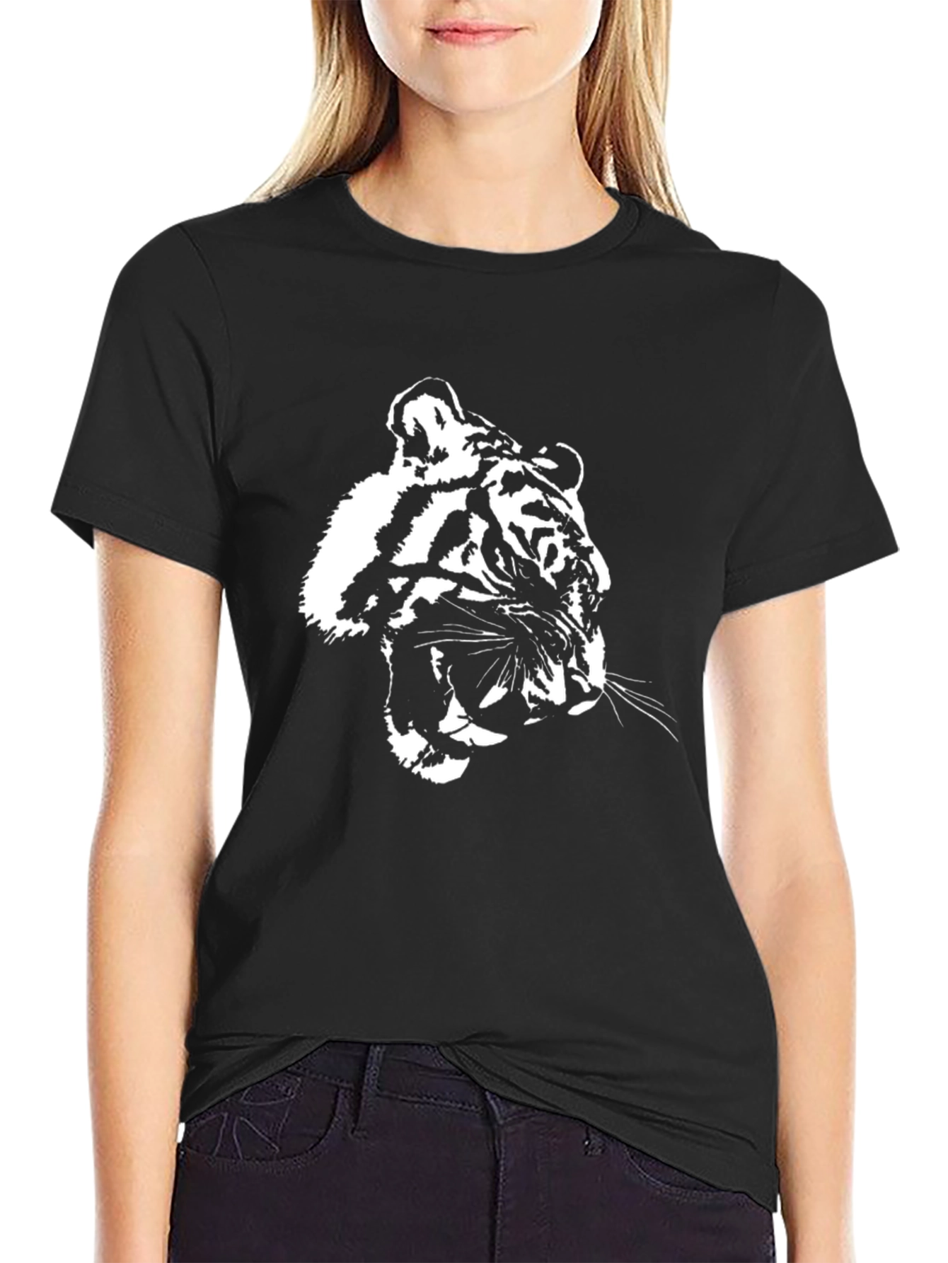 Camiseta Negra con Diseño de Tigre Blanco