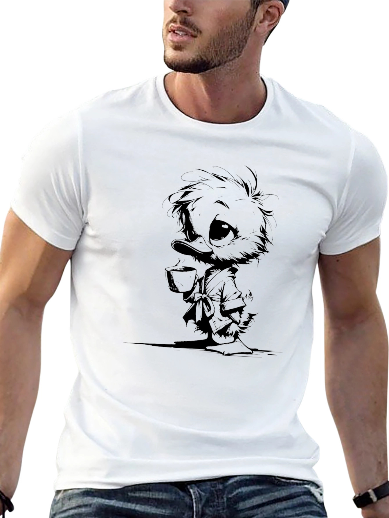 Camiseta Negra con Dibujo de Pato Bebiendo Té