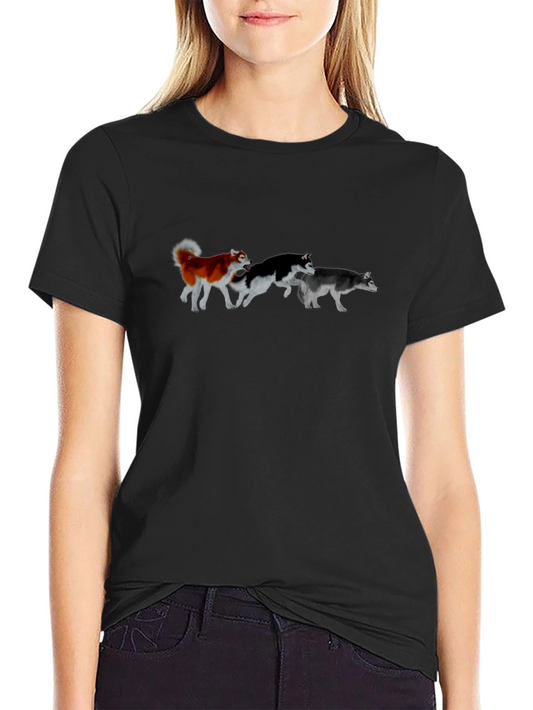 Camiseta Negra con Estampado de Huskies Corriendo