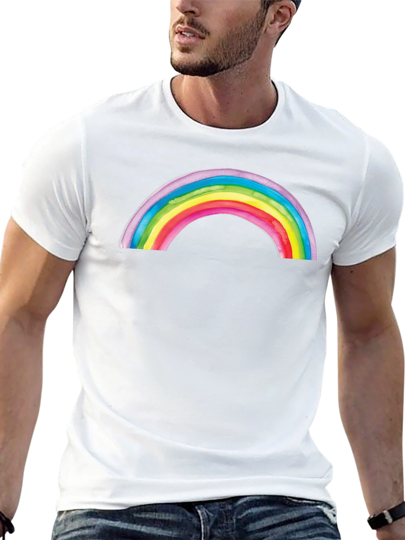 Camiseta Negra con Arco Iris Acuarela