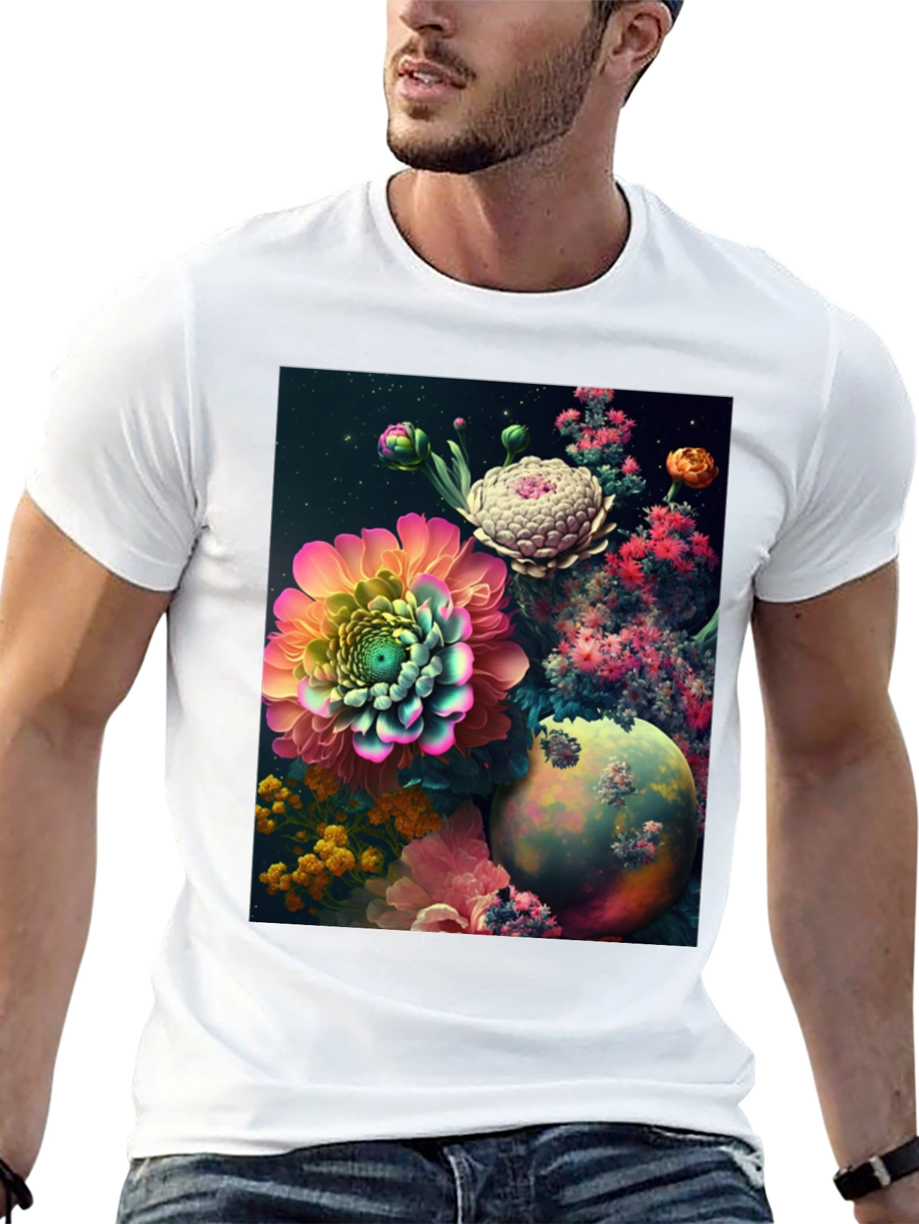 Camiseta Negra con Diseño Floral Abstracto
