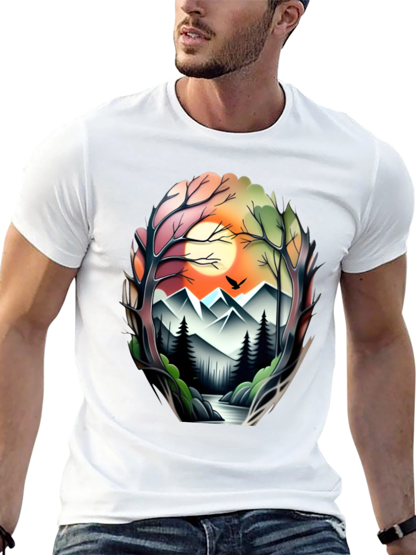 Camiseta Negra con Diseño Paisaje Montañoso