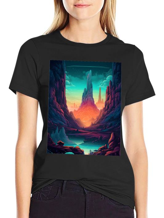Camiseta Negra con Diseño de Paisaje Fantástico