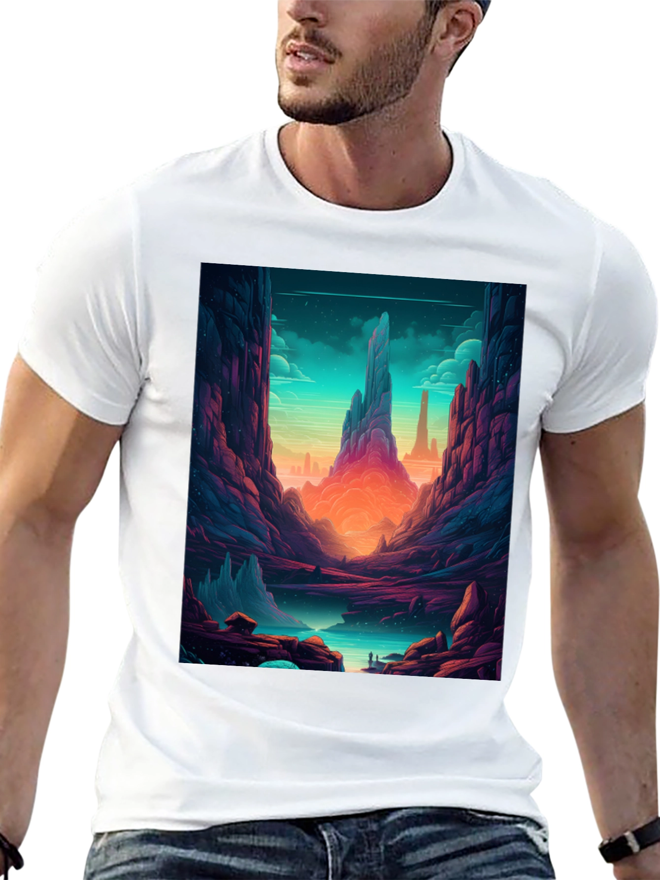 Camiseta Negra con Diseño de Paisaje Fantástico
