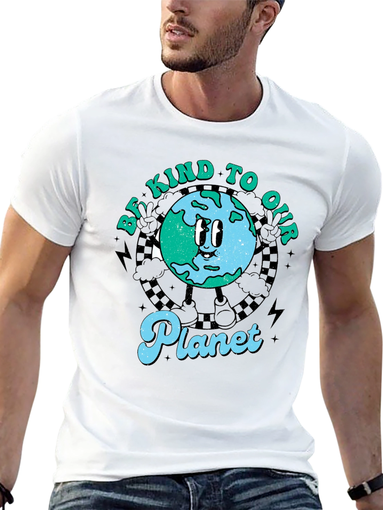 Camiseta Negra con Diseño de Planeta Sonriente