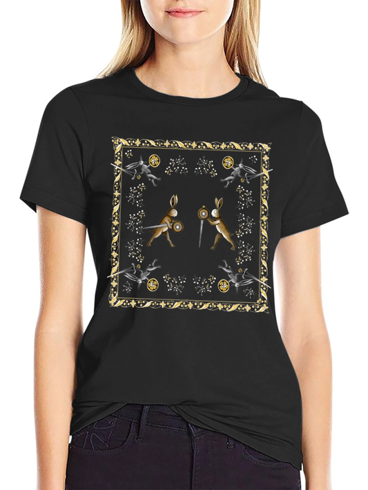 Camiseta Negra Diseño Medieval de Conejos Guerreros