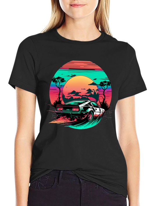 Camiseta Negra Retro Car Sunset