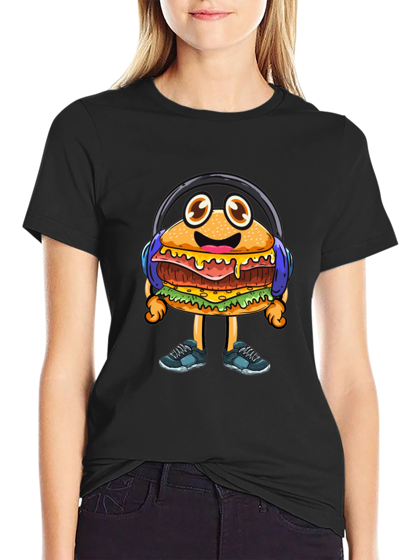 Camiseta Negra con Hamburguesa Deportiva con Audífonos