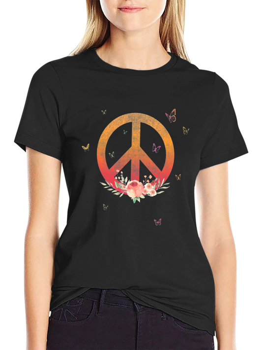 Camiseta Negra con Símbolo de Paz Floral
