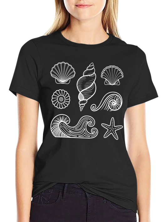 Camiseta Negra con Diseño de Conchas Marinas