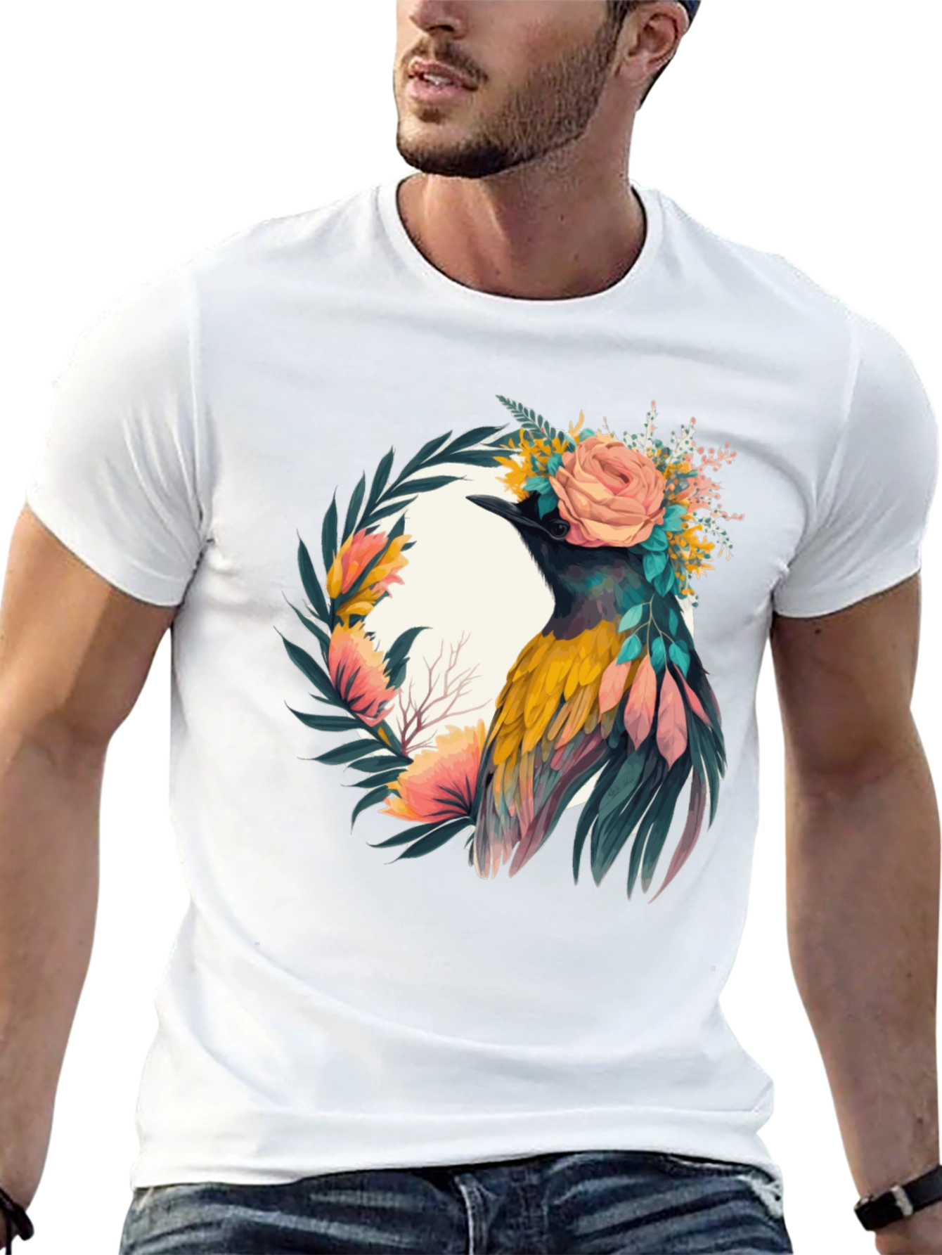 Camiseta Negra con Diseño de Ave Floral