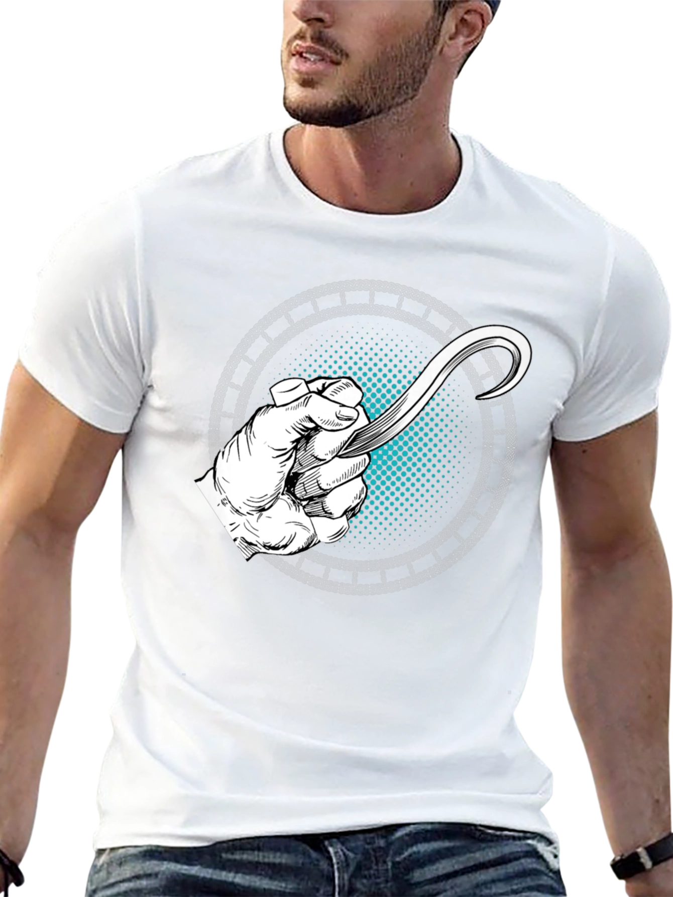 Camiseta Negra con Diseño de Mano y Hoja Curva