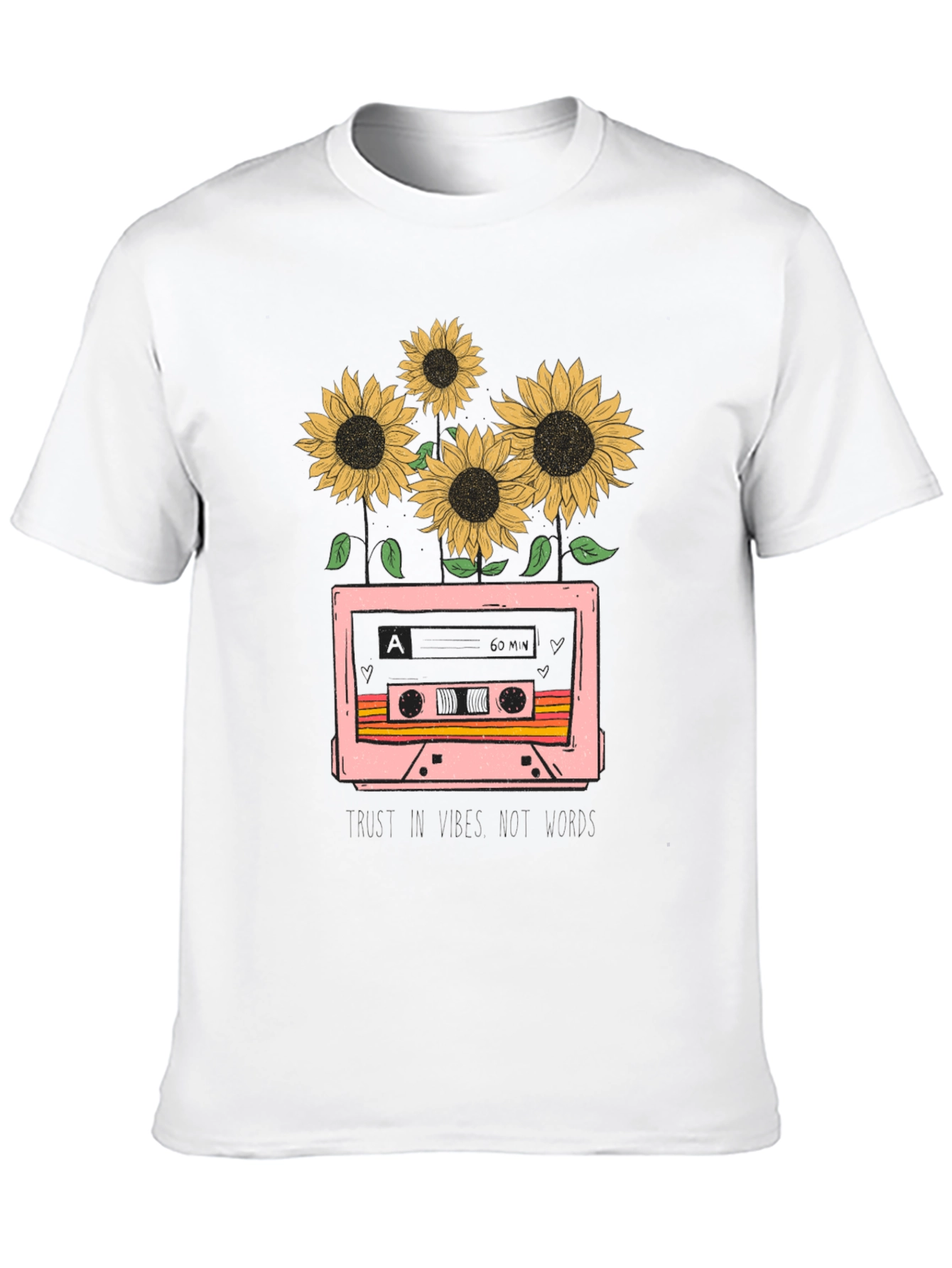 Camiseta Negra con Diseño Retro de Cassette y Girasoles