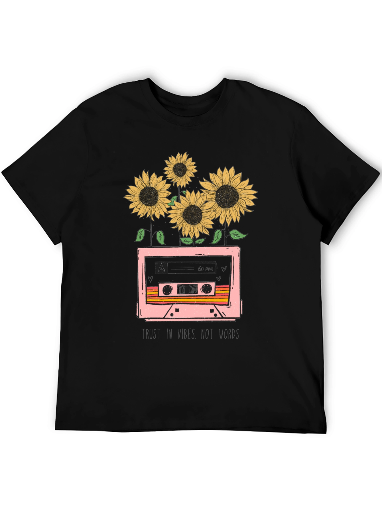 Camiseta Negra con Diseño Retro de Cassette y Girasoles
