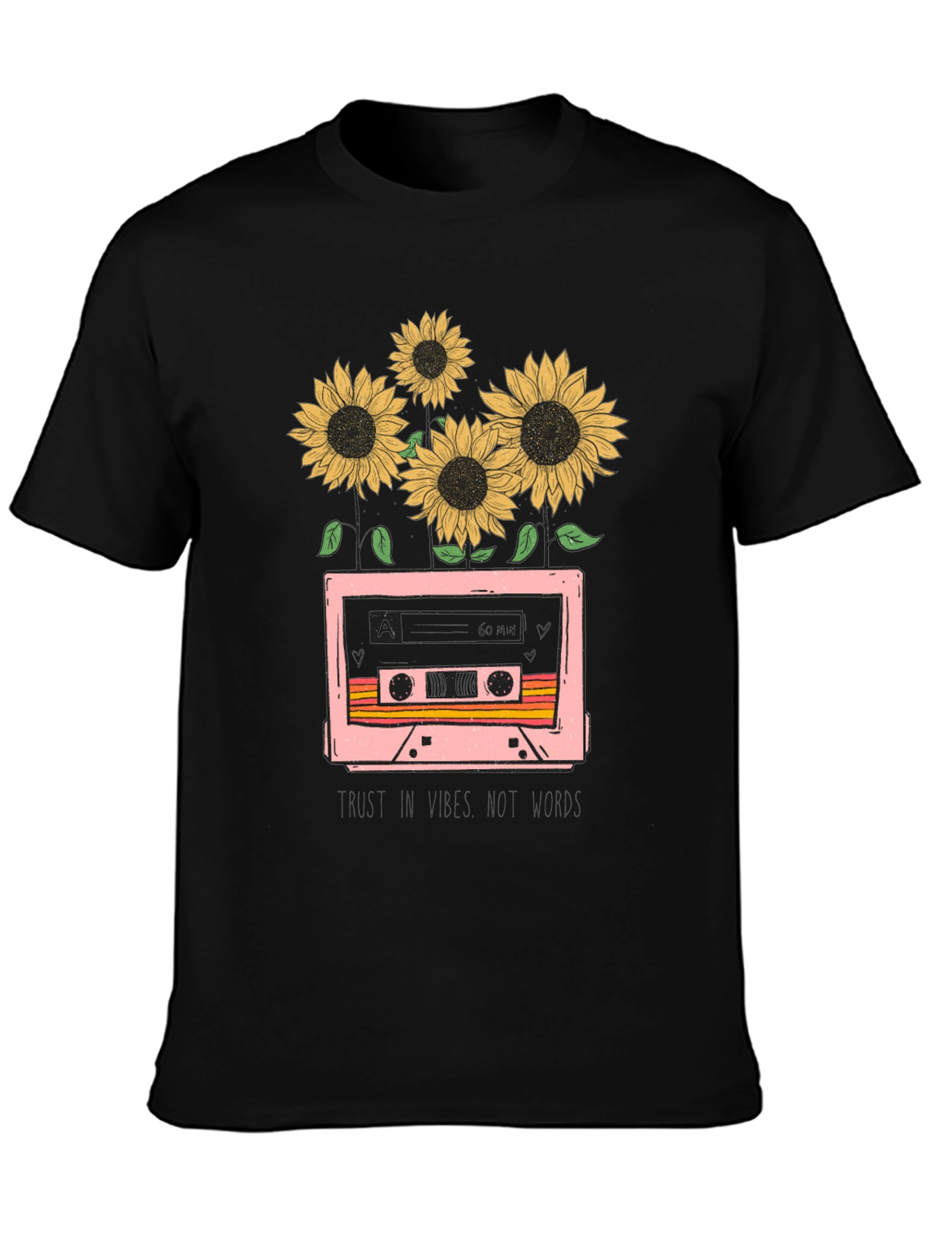 Camiseta Negra con Diseño Retro de Cassette y Girasoles