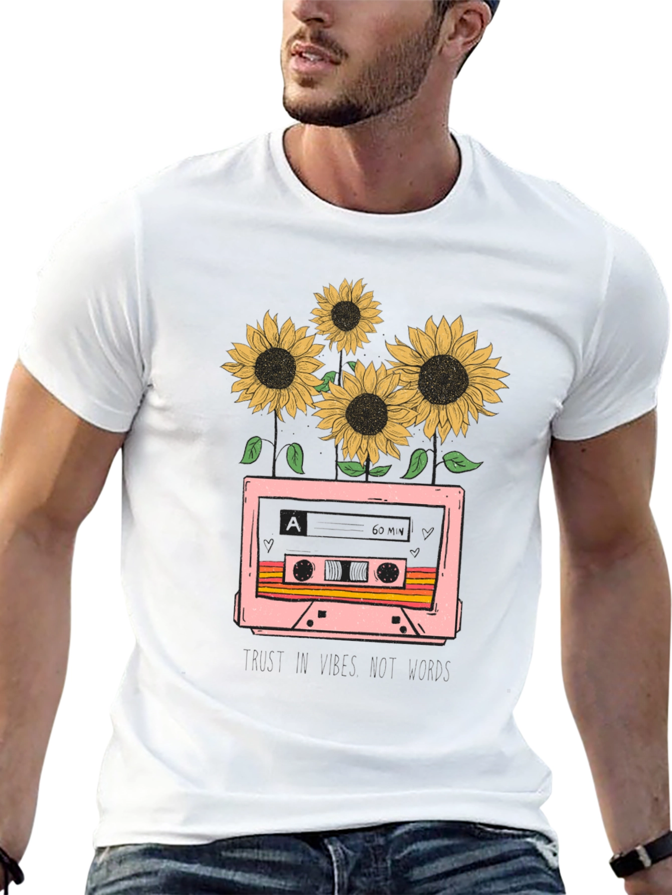 Camiseta Negra con Diseño Retro de Cassette y Girasoles