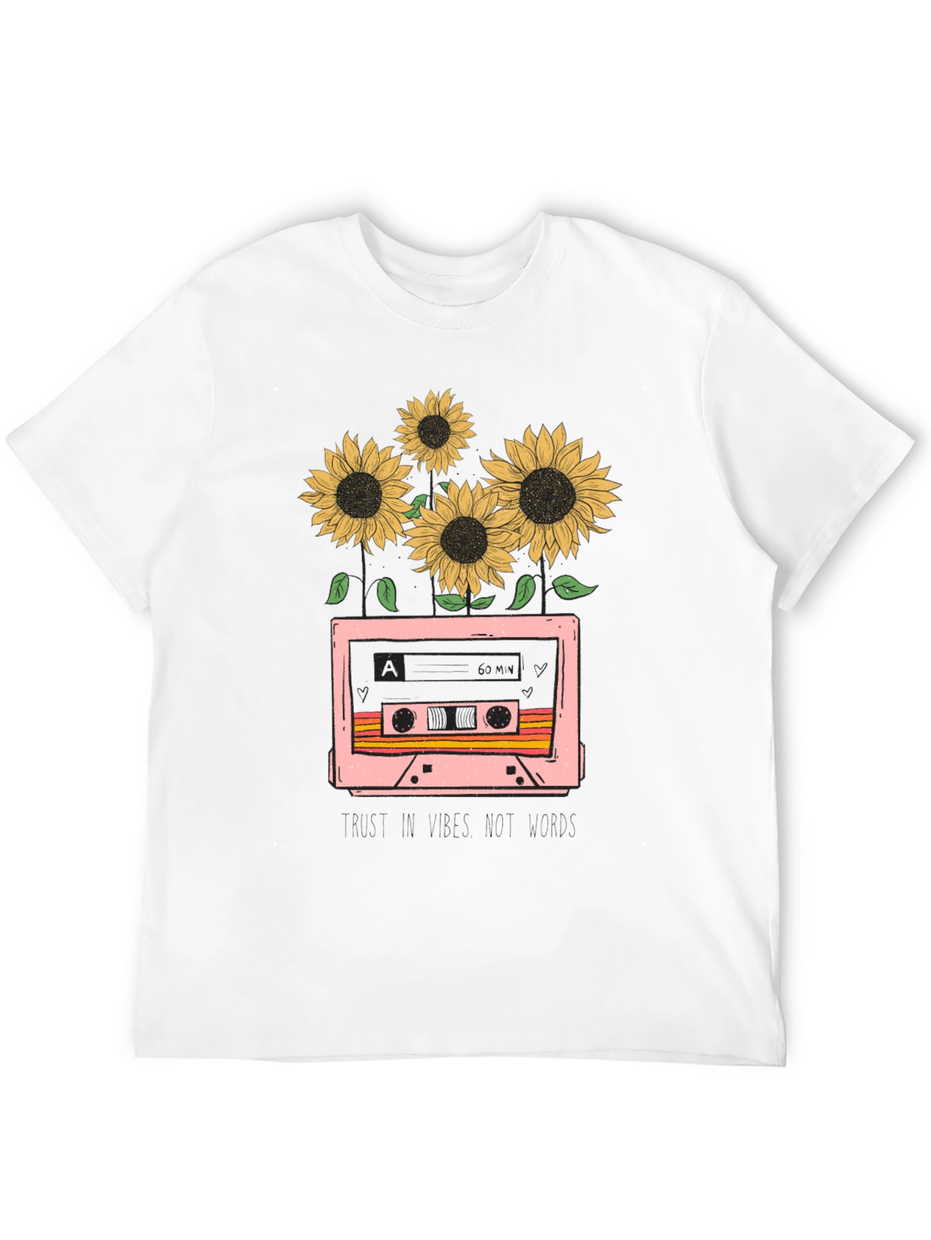 Camiseta Negra con Diseño Retro de Cassette y Girasoles