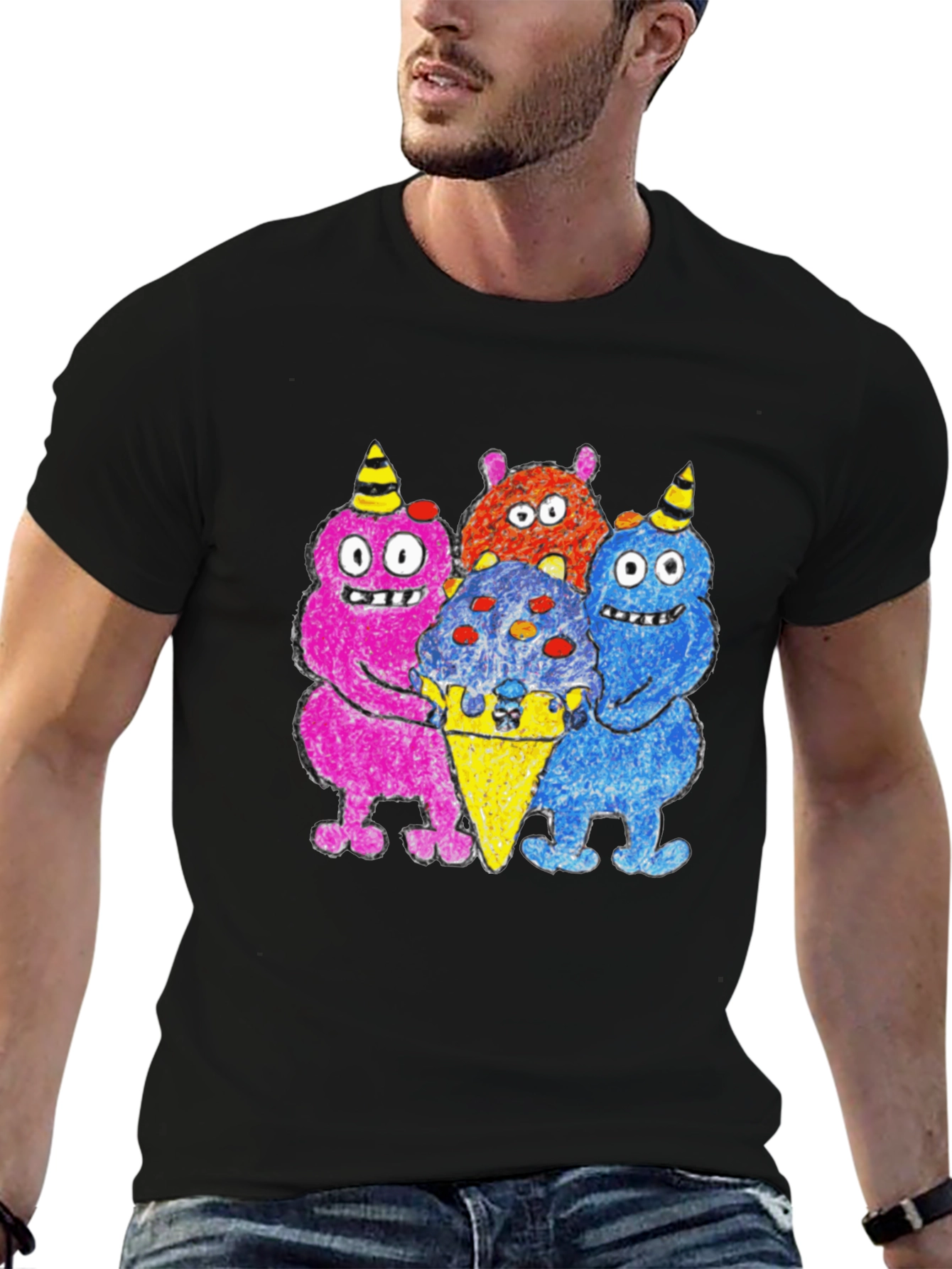 Camiseta Negra con Monstruos Amantes del Helado