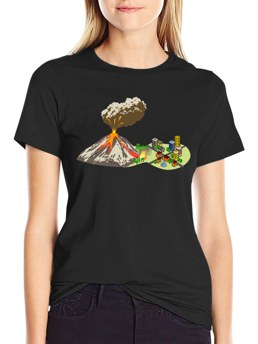 Camiseta Negra con Diseño de Volcán y Ciudad