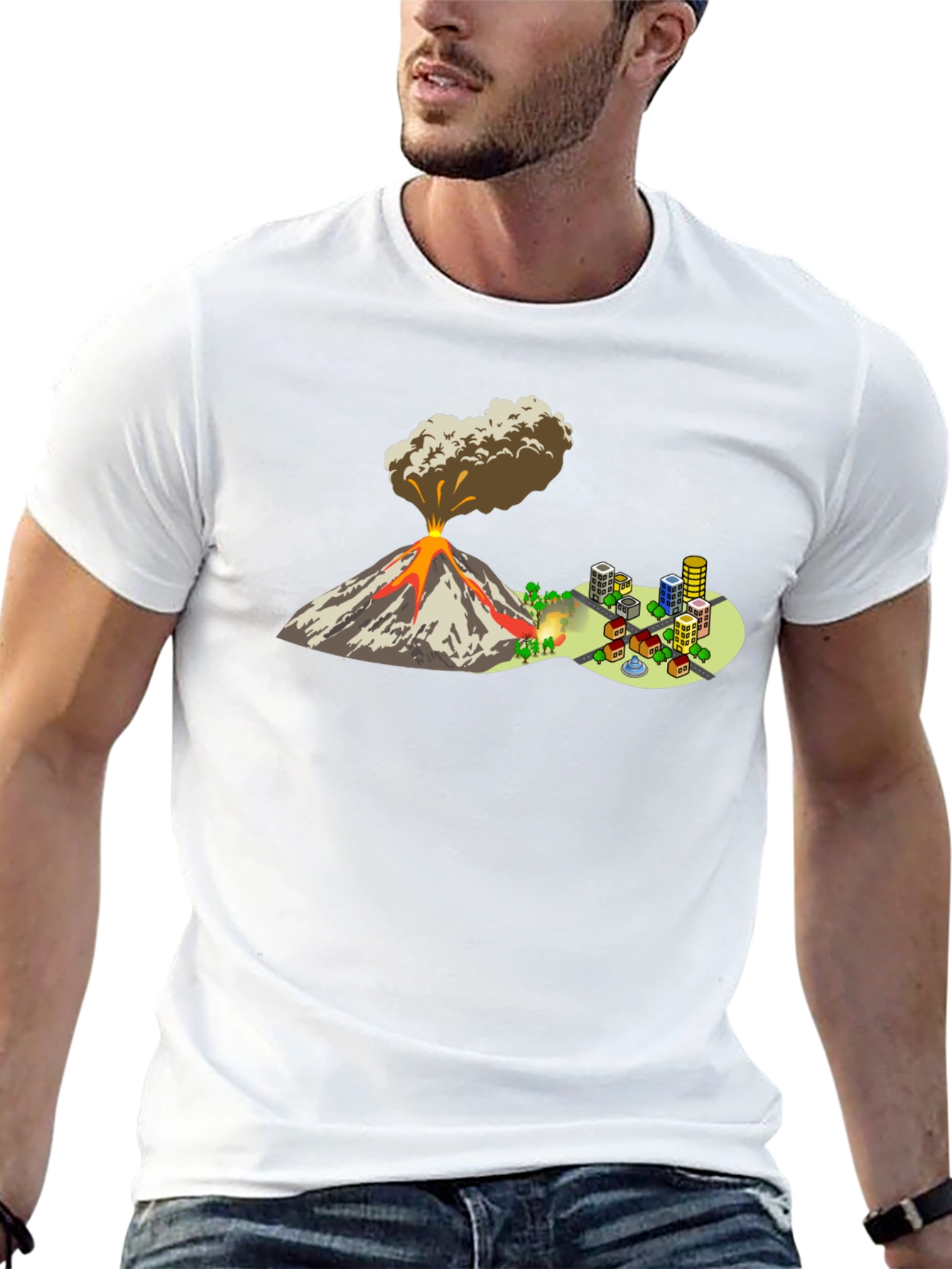 Camiseta Negra con Diseño de Volcán y Ciudad