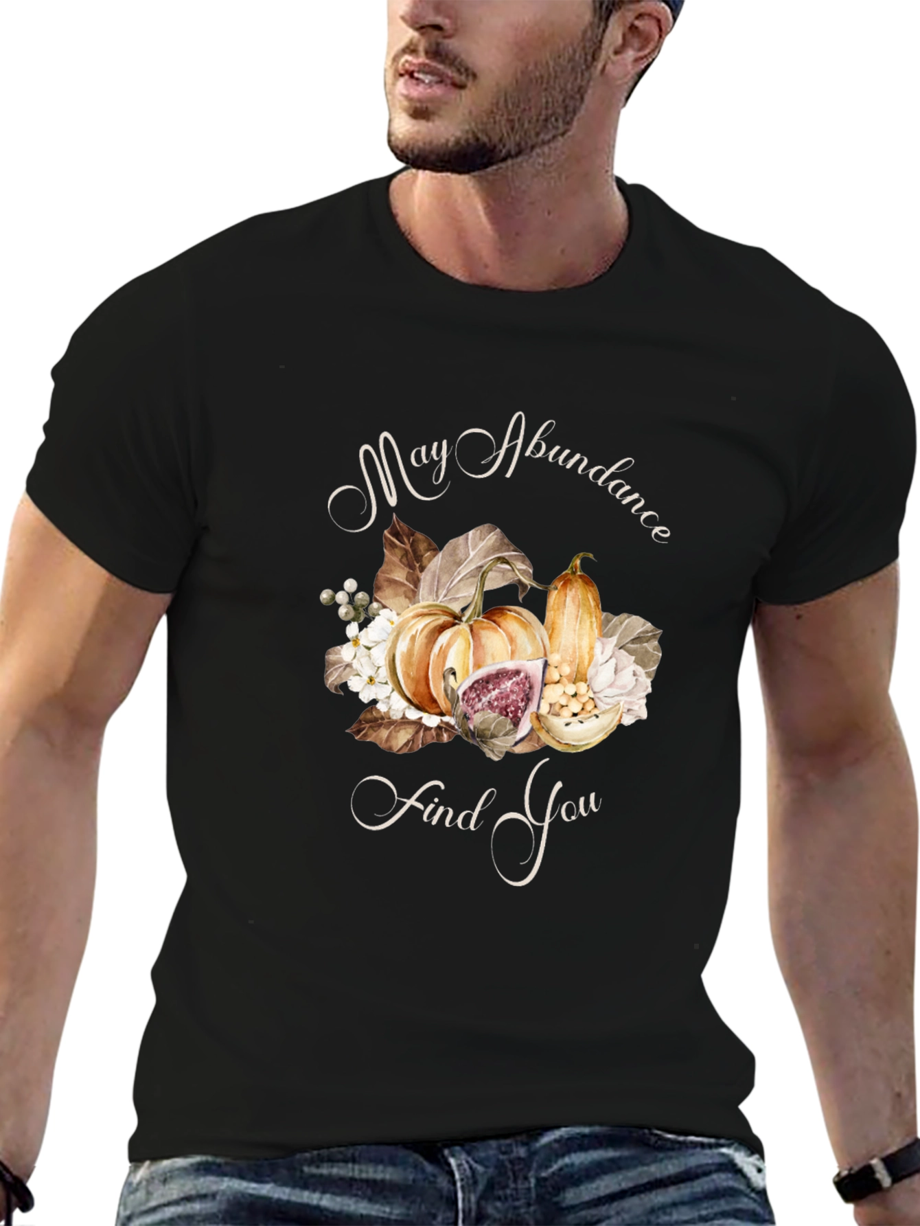 Camiseta Negra con Diseño de Abundancia Otoñal