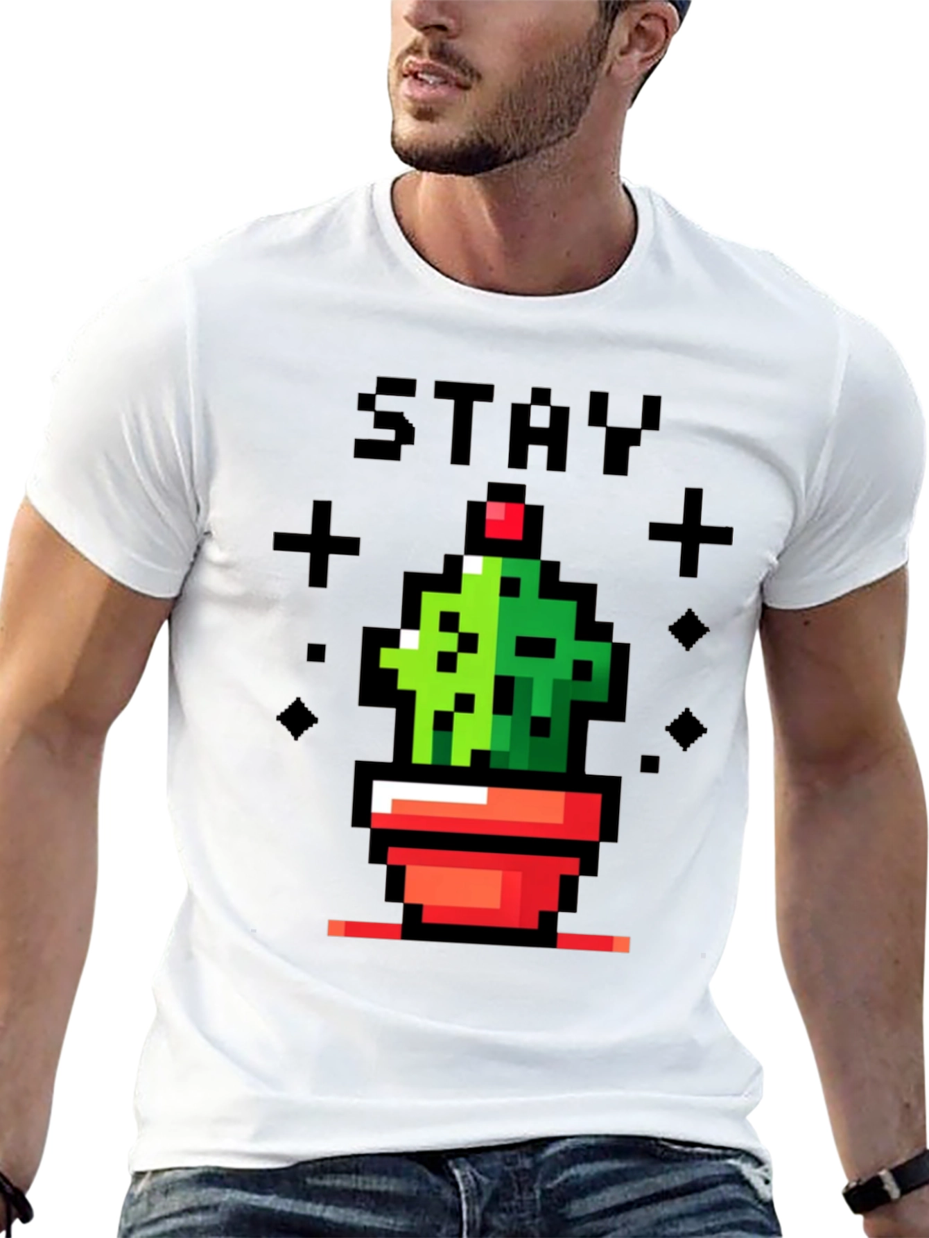 Camiseta Negra con Diseño de Cactus Pixelado Stay