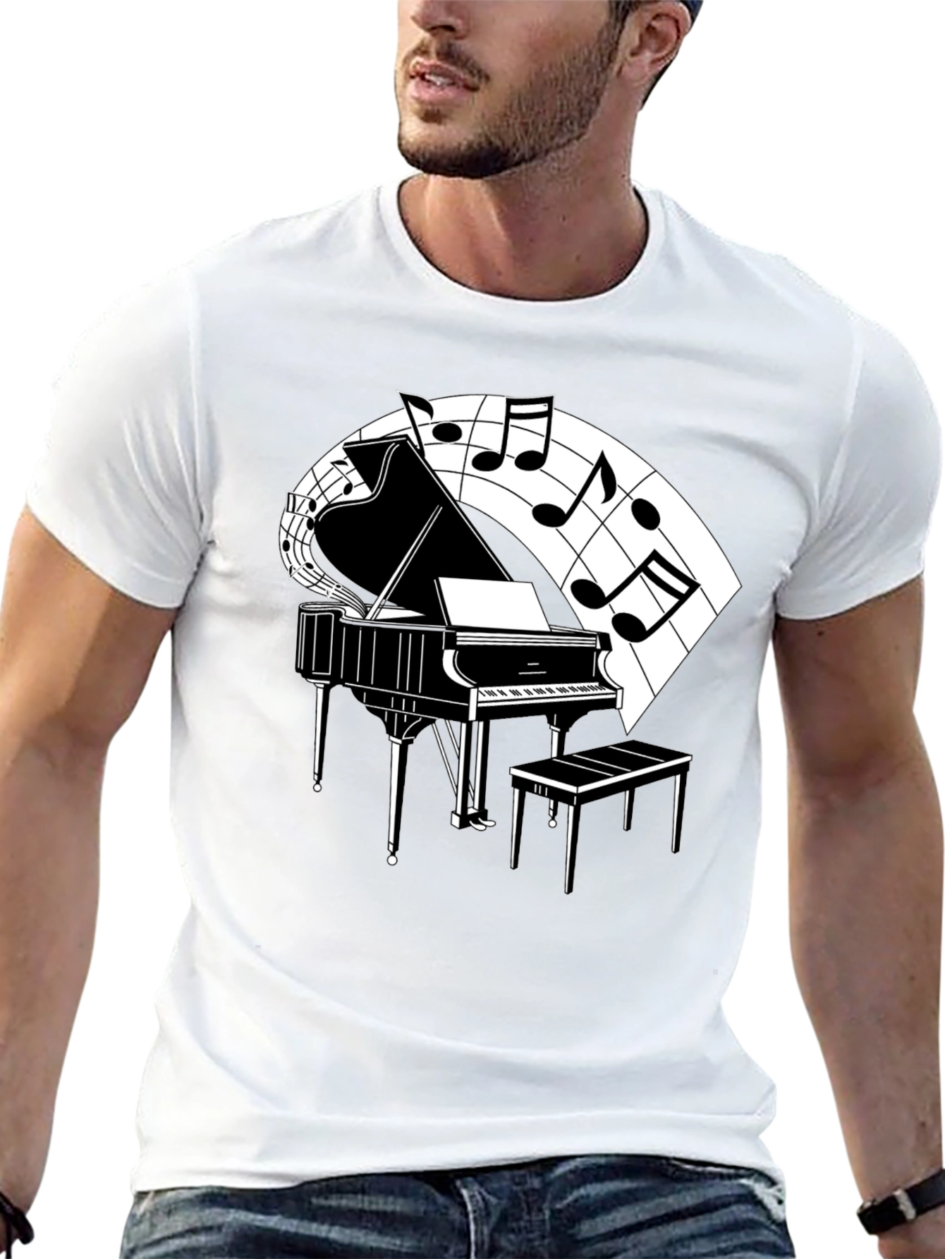 Camiseta Negra con Diseño de Piano y Notas Musicales