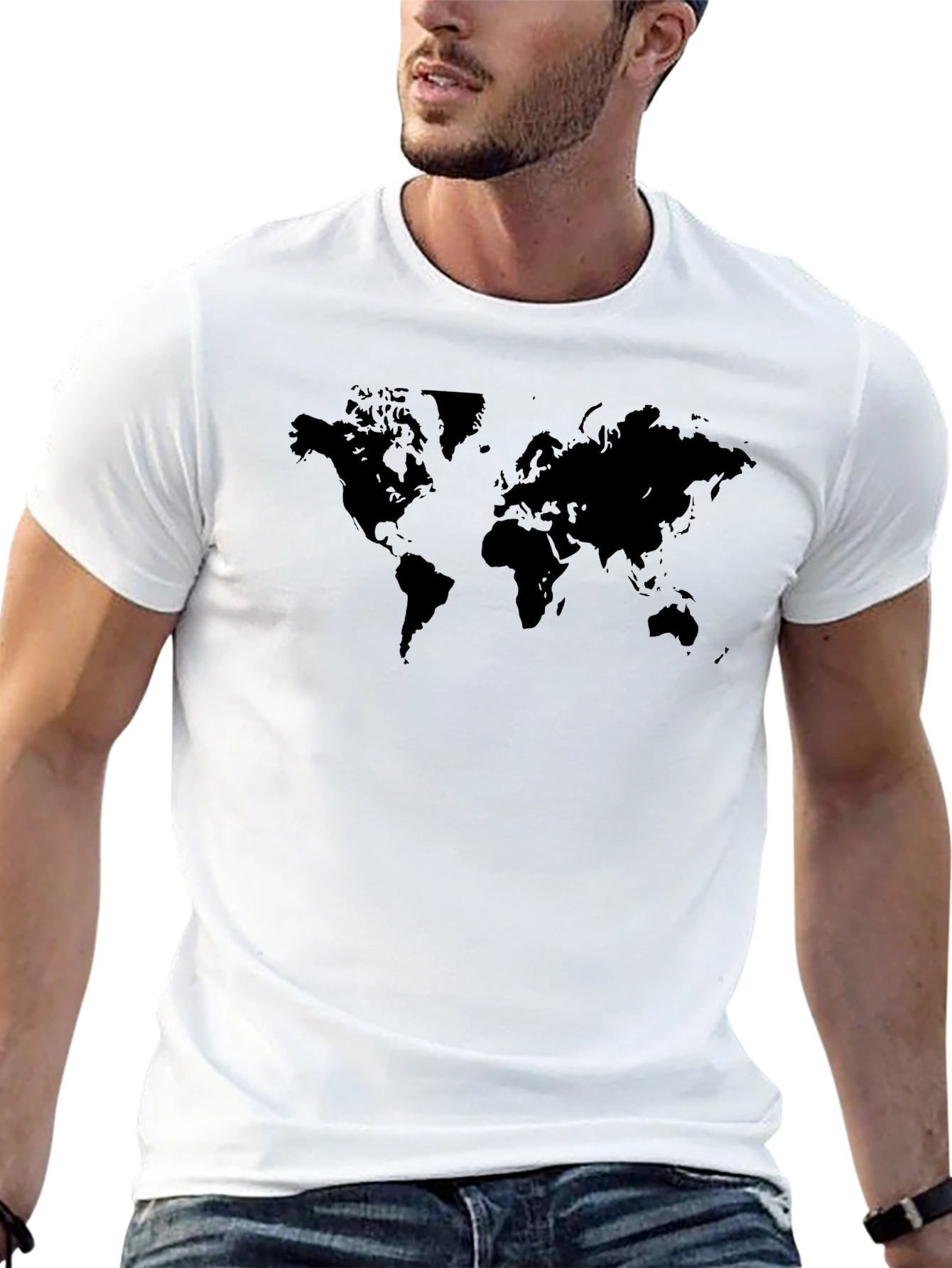 Camiseta Negra Mapa Mundial Casual Hombre