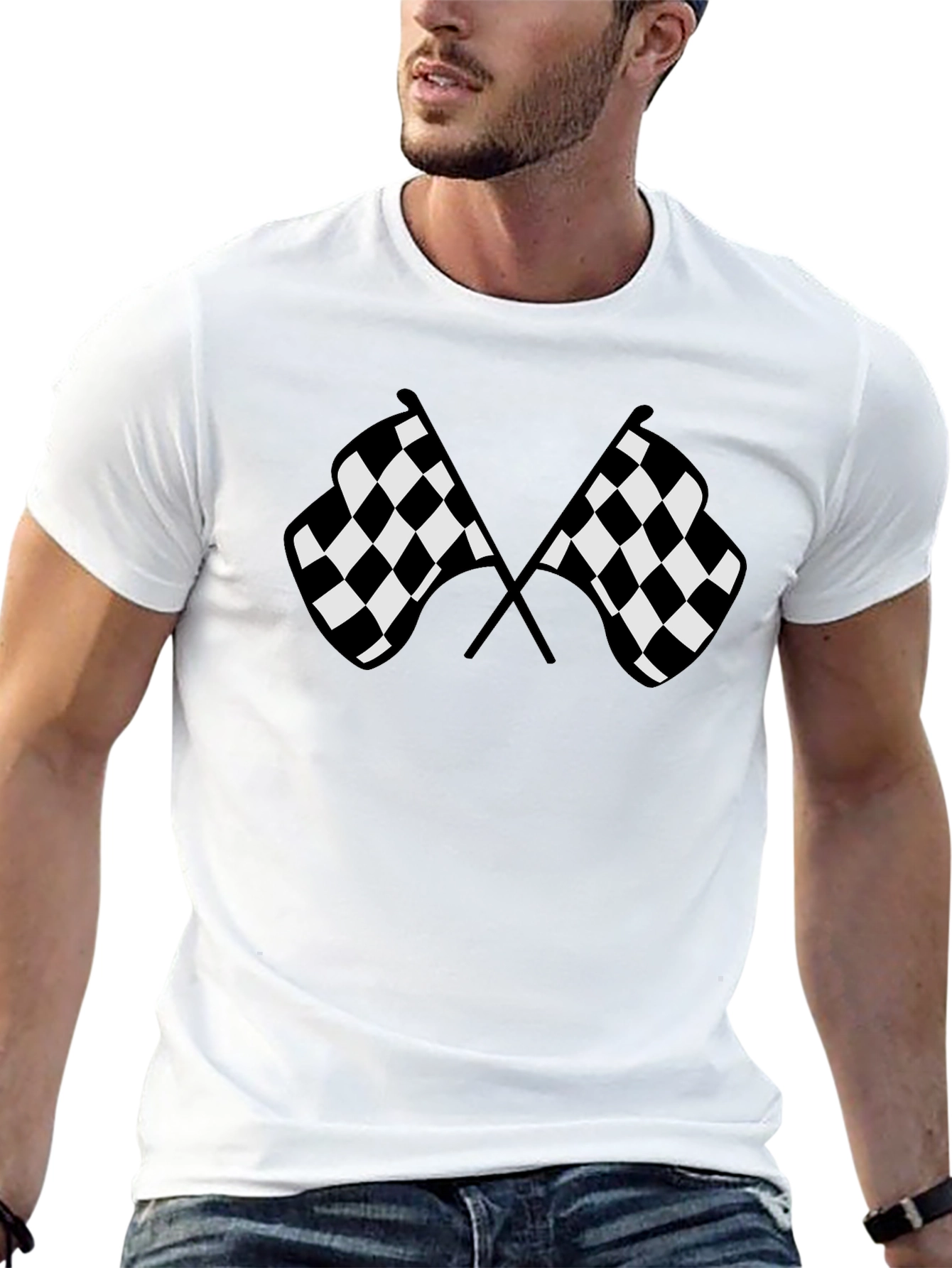 Camiseta Negra con Diseño de Banderas a Cuadros