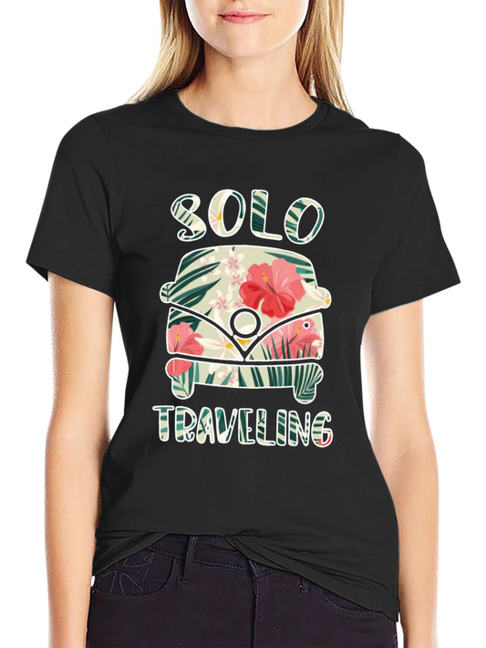 Camiseta Negra de Viaje en Solitario con Diseño Floral