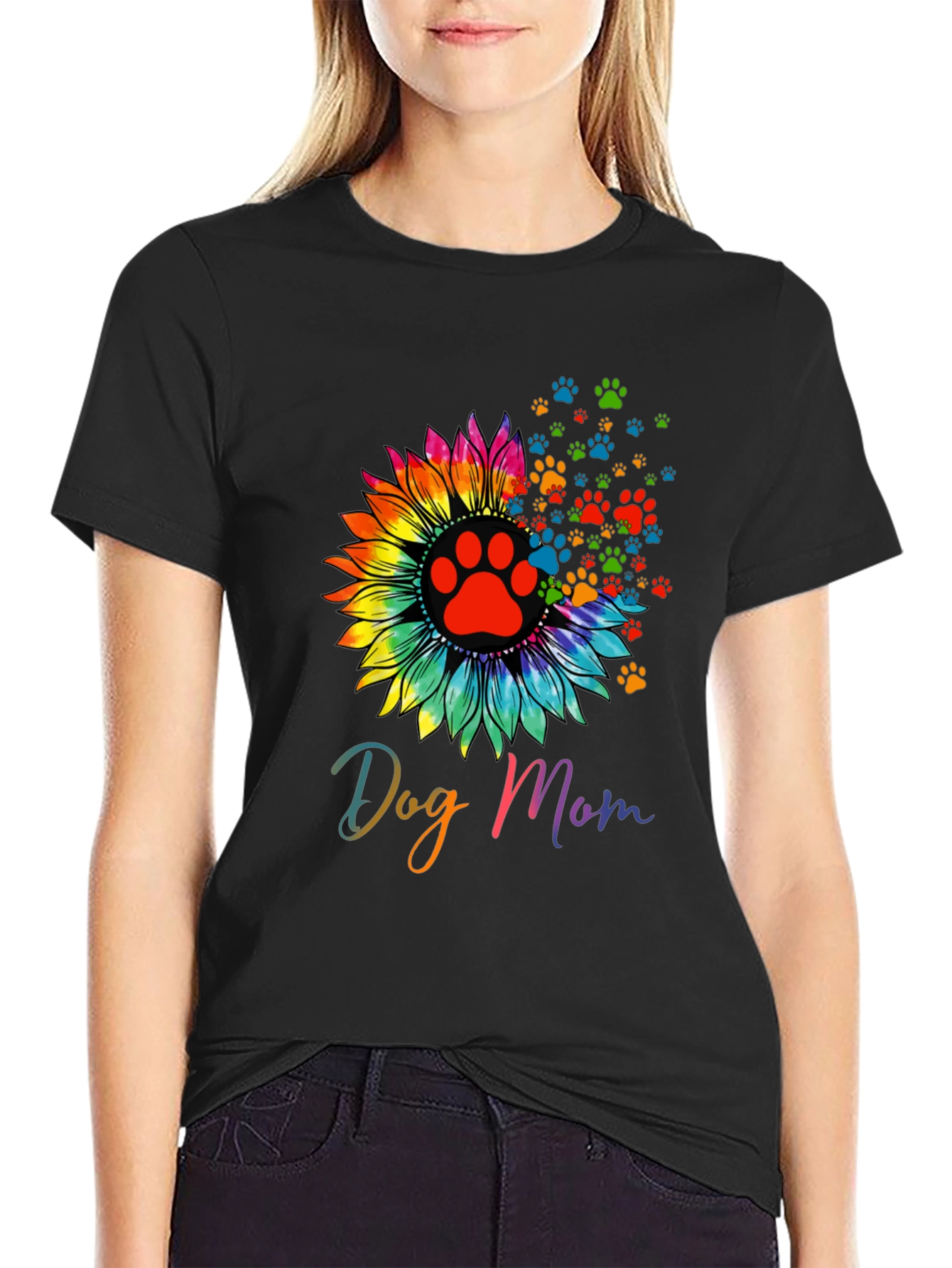 Camiseta Negra Dog Mom Girasol Huellas