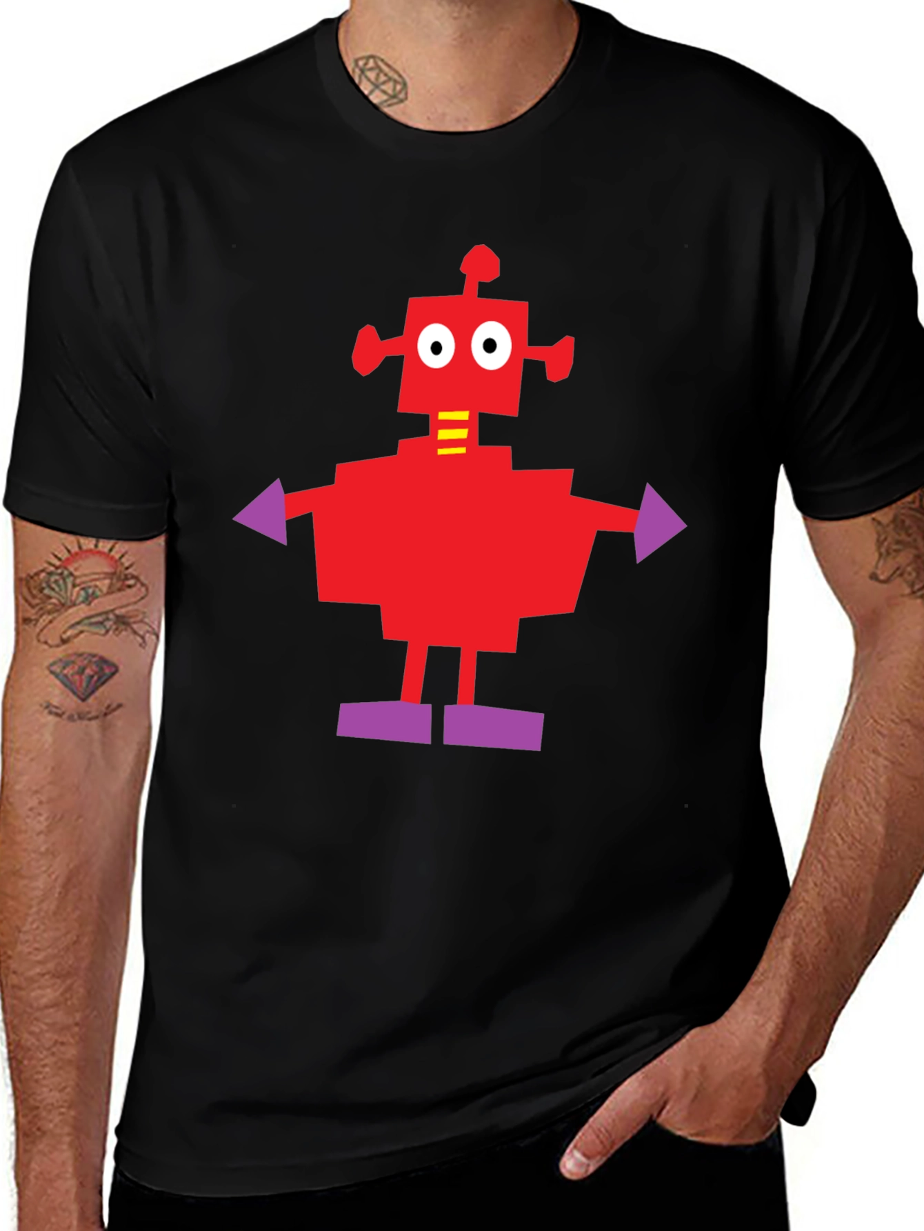 Camiseta Negra con Robot Rojo y Morado