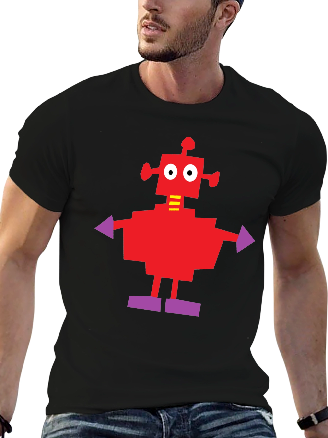 Camiseta Negra con Robot Rojo y Morado