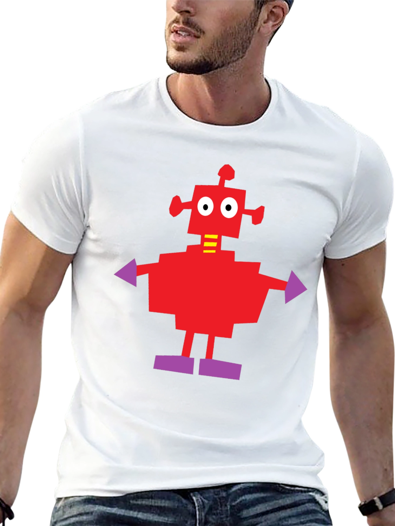 Camiseta Negra con Robot Rojo y Morado