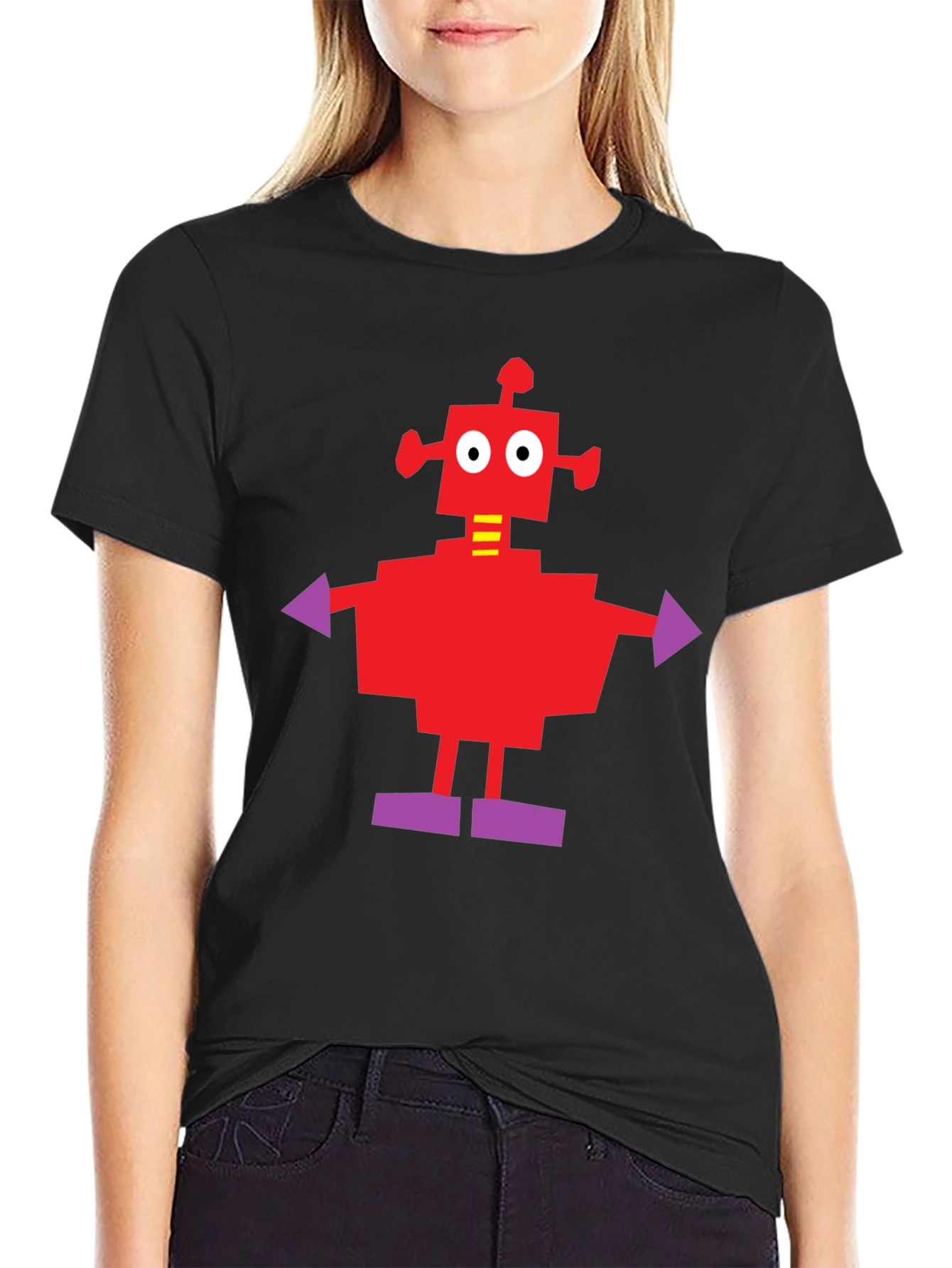 Camiseta Negra con Robot Rojo y Morado