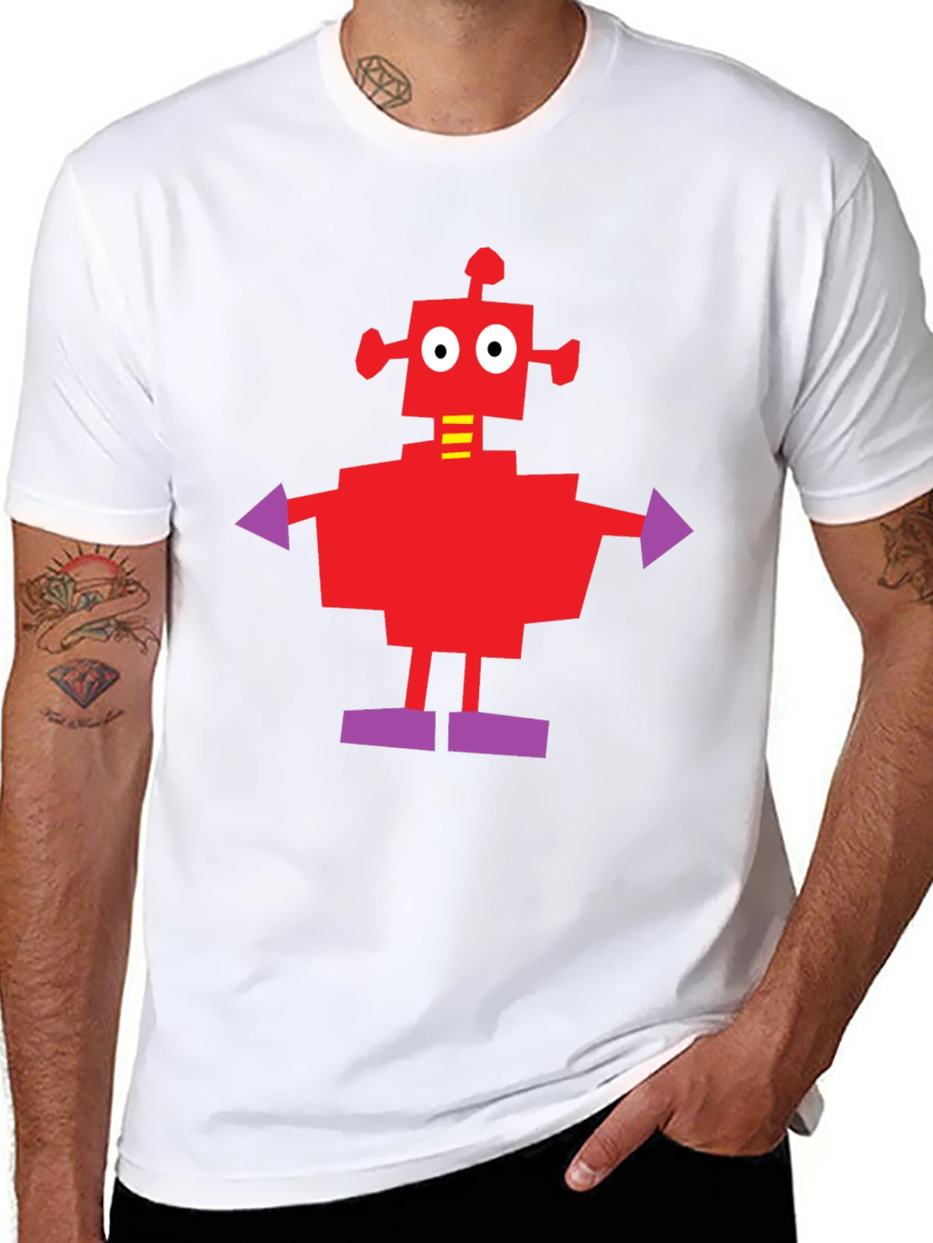 Camiseta Negra con Robot Rojo y Morado