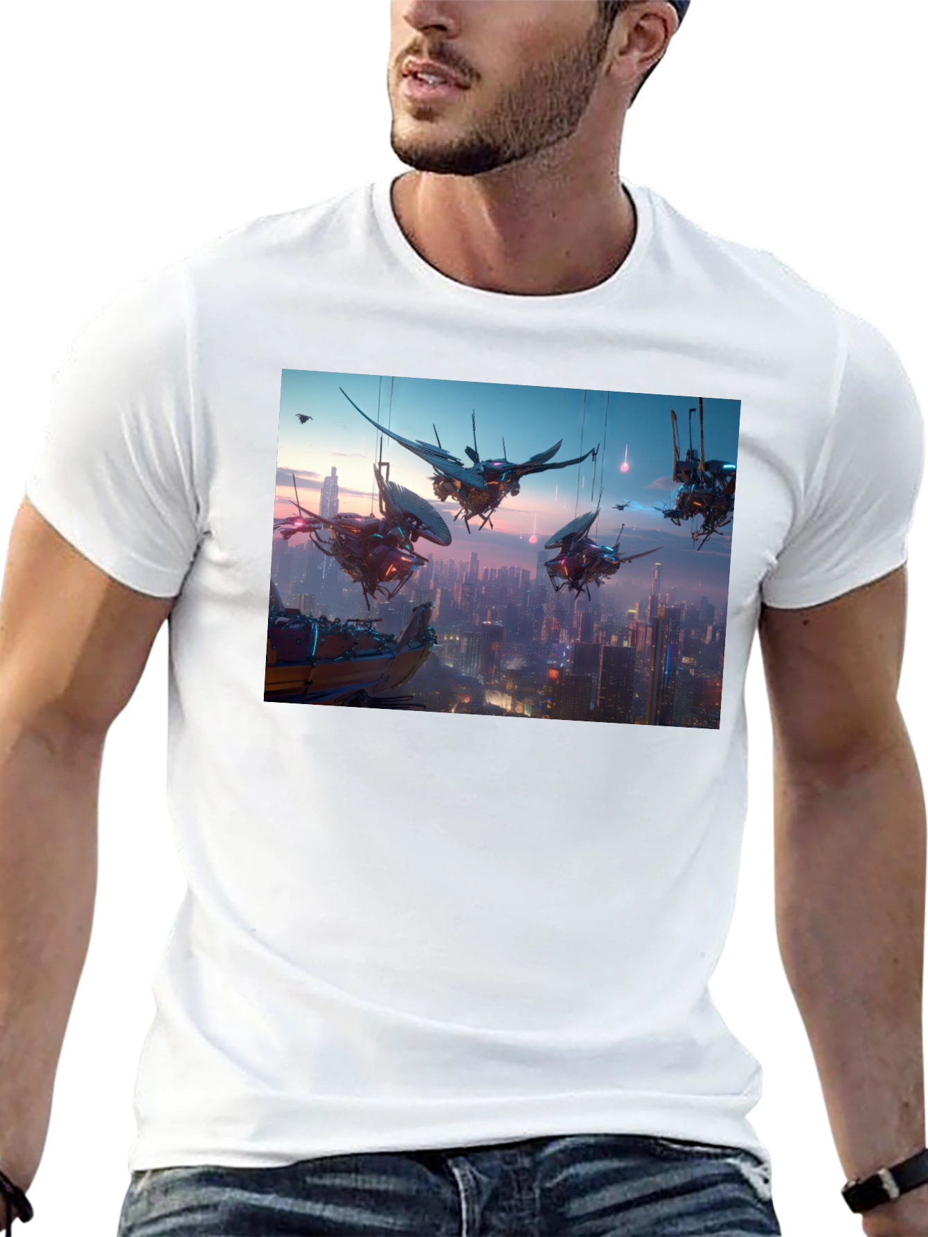 Camiseta Negra con Diseño Futurista Ciudad Cyberpunk
