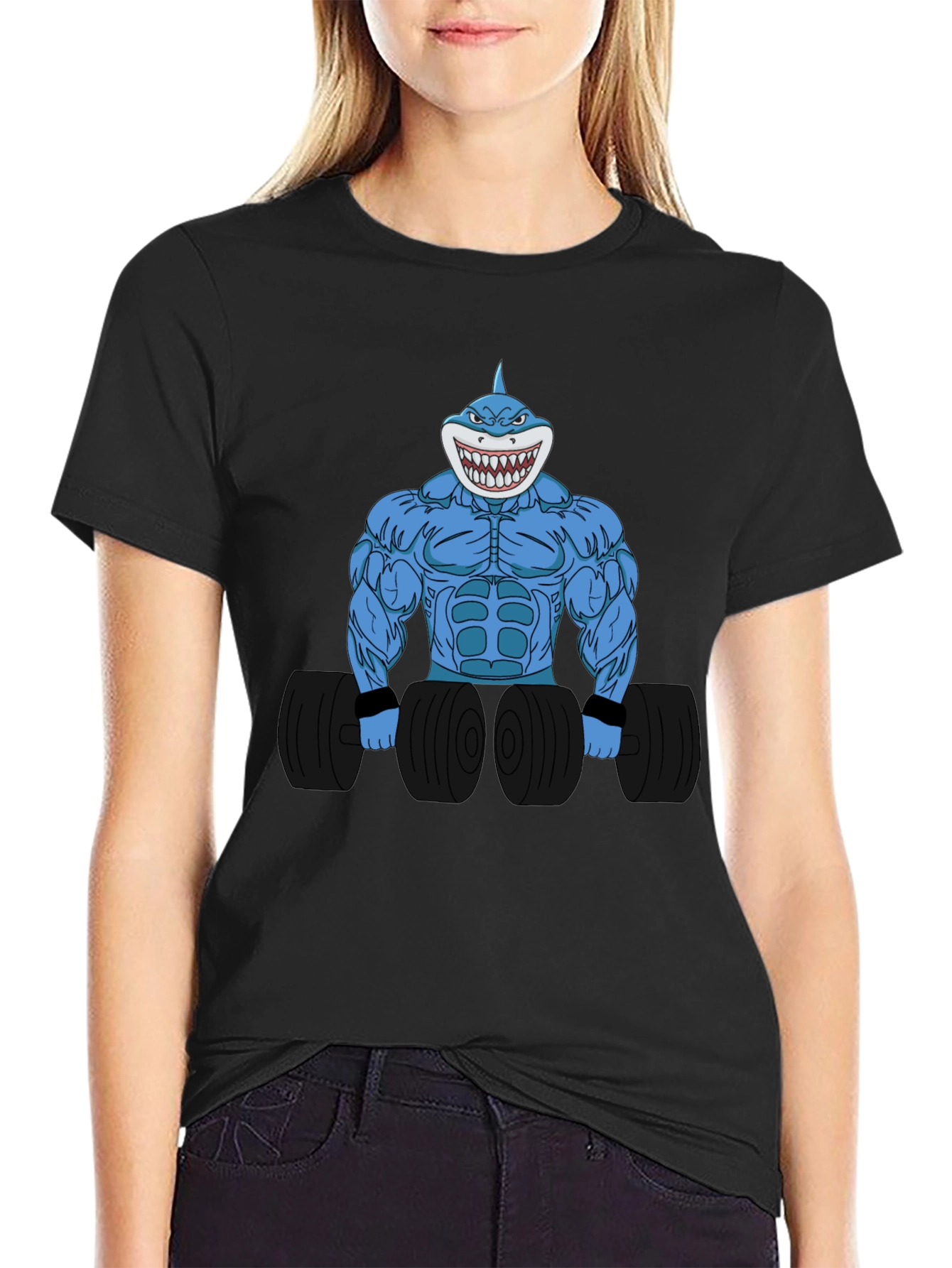Camiseta Negra con Diseño de Tiburón Musculoso
