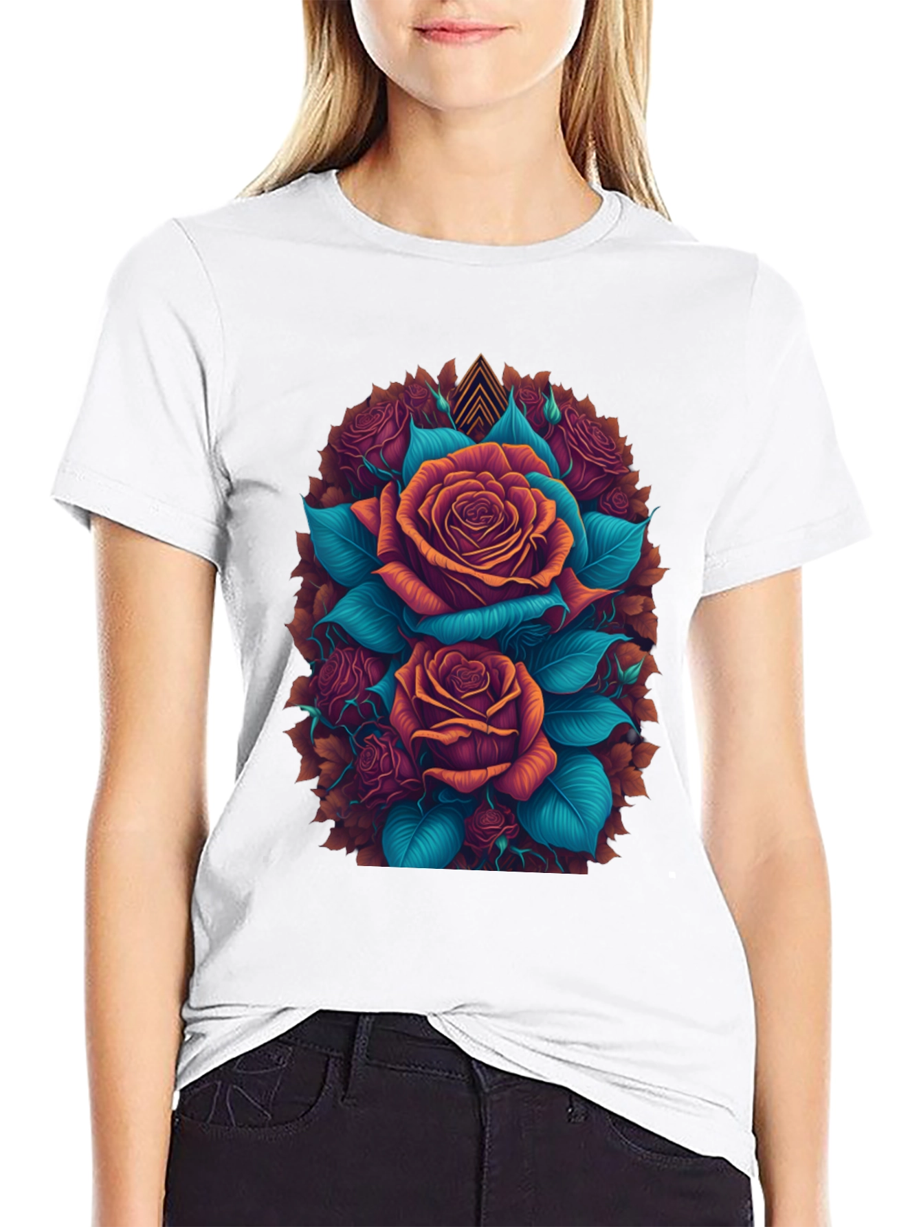 Camiseta Negra con Diseño Floral de Rosas