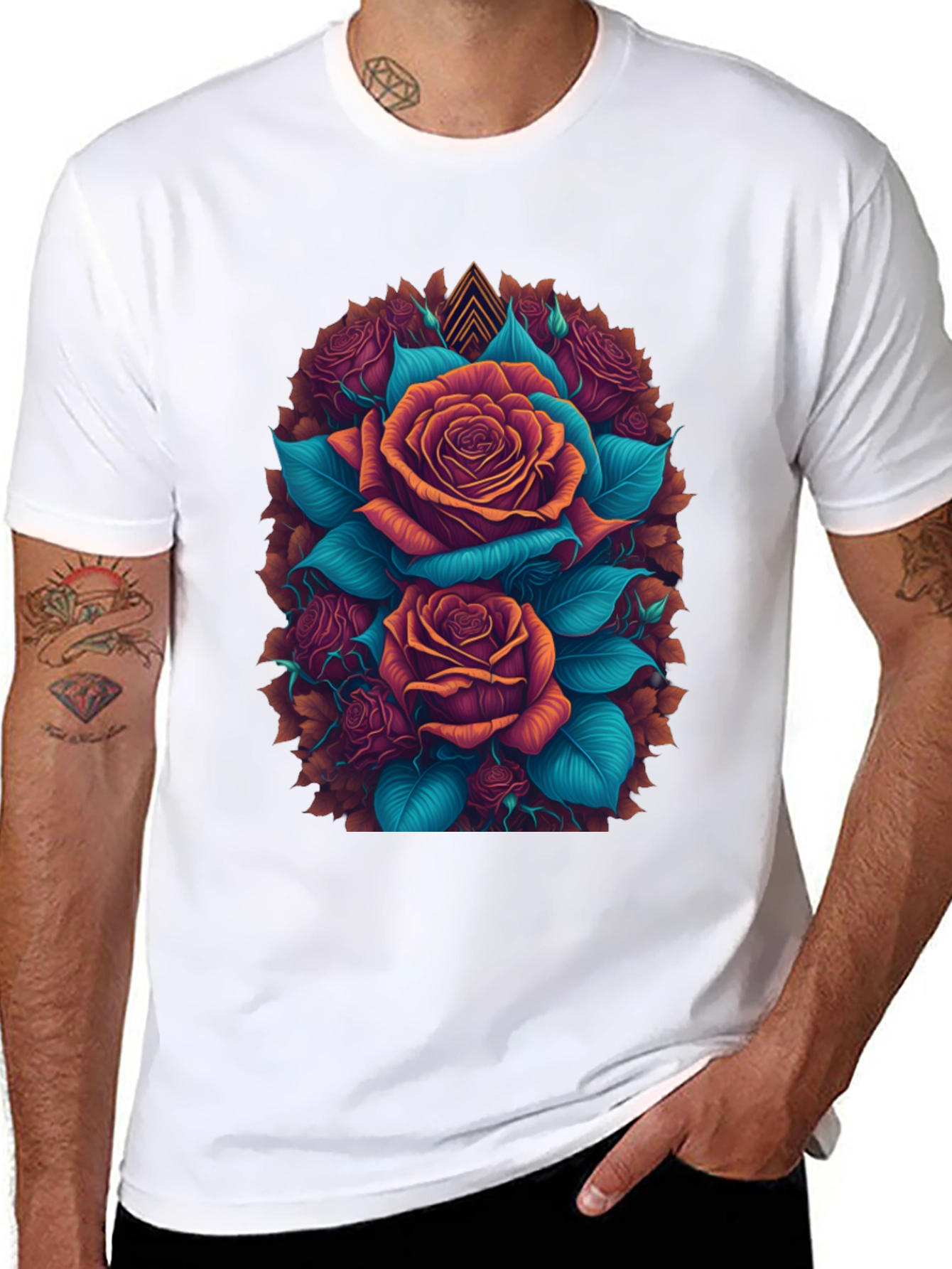 Camiseta Negra con Diseño Floral de Rosas