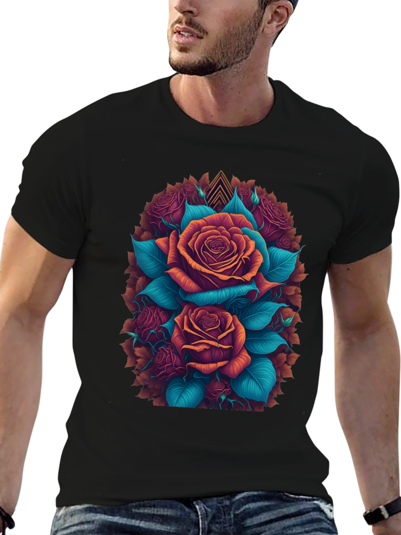 Camiseta Negra con Diseño Floral de Rosas