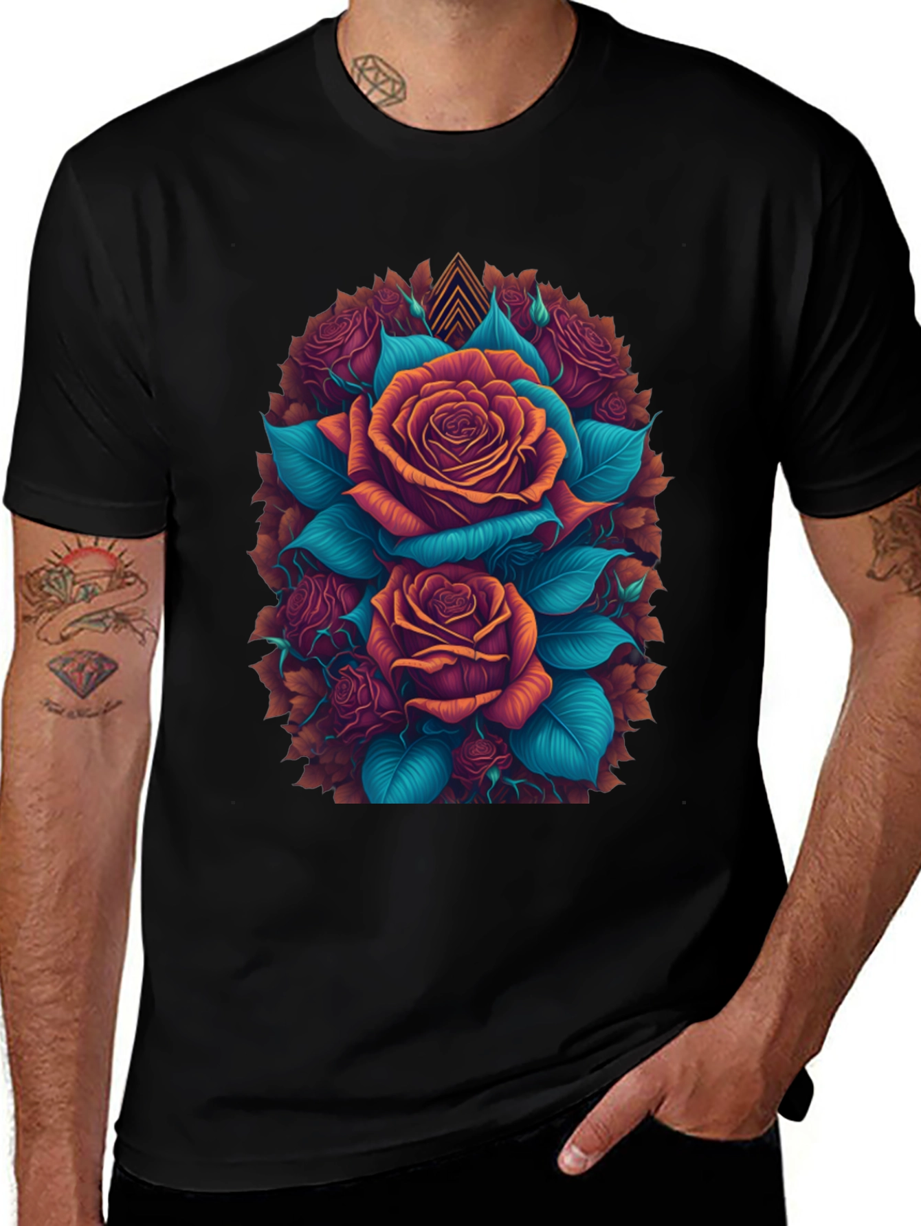 Camiseta Negra con Diseño Floral de Rosas