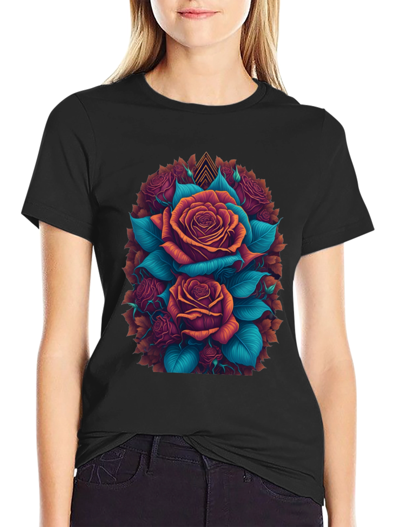 Camiseta Negra con Diseño Floral de Rosas