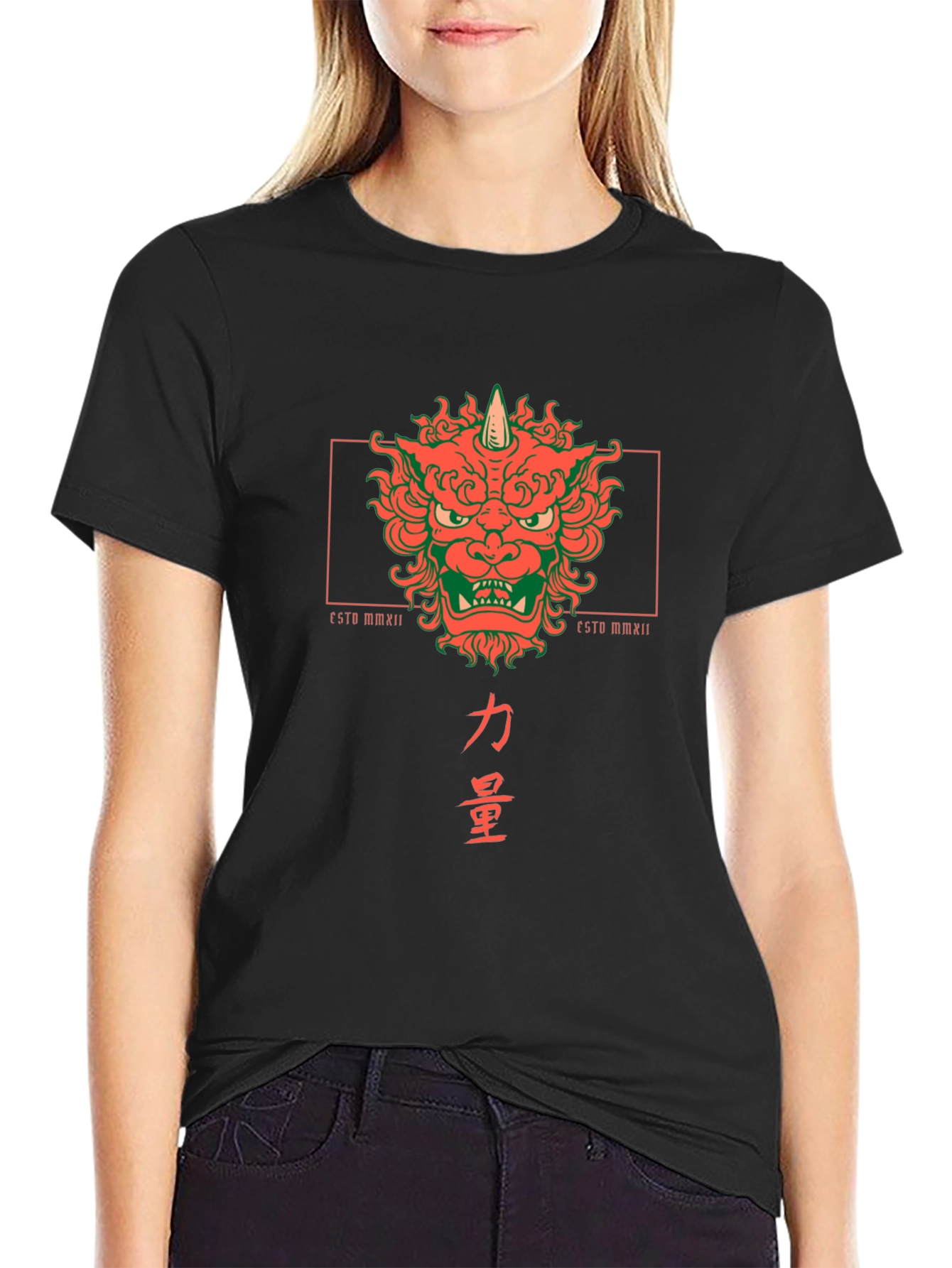 Camiseta Negra con Diseño Japonés de Oni y Kanji