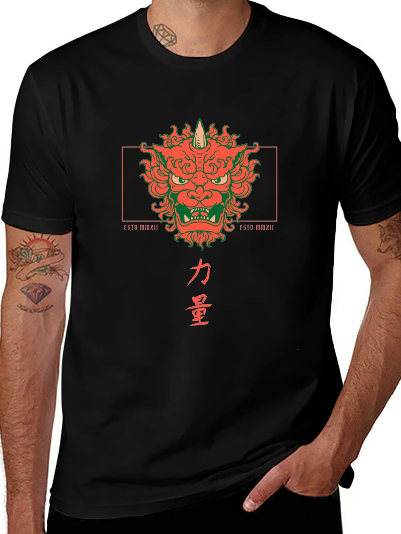 Camiseta Negra con Diseño Japonés de Oni y Kanji