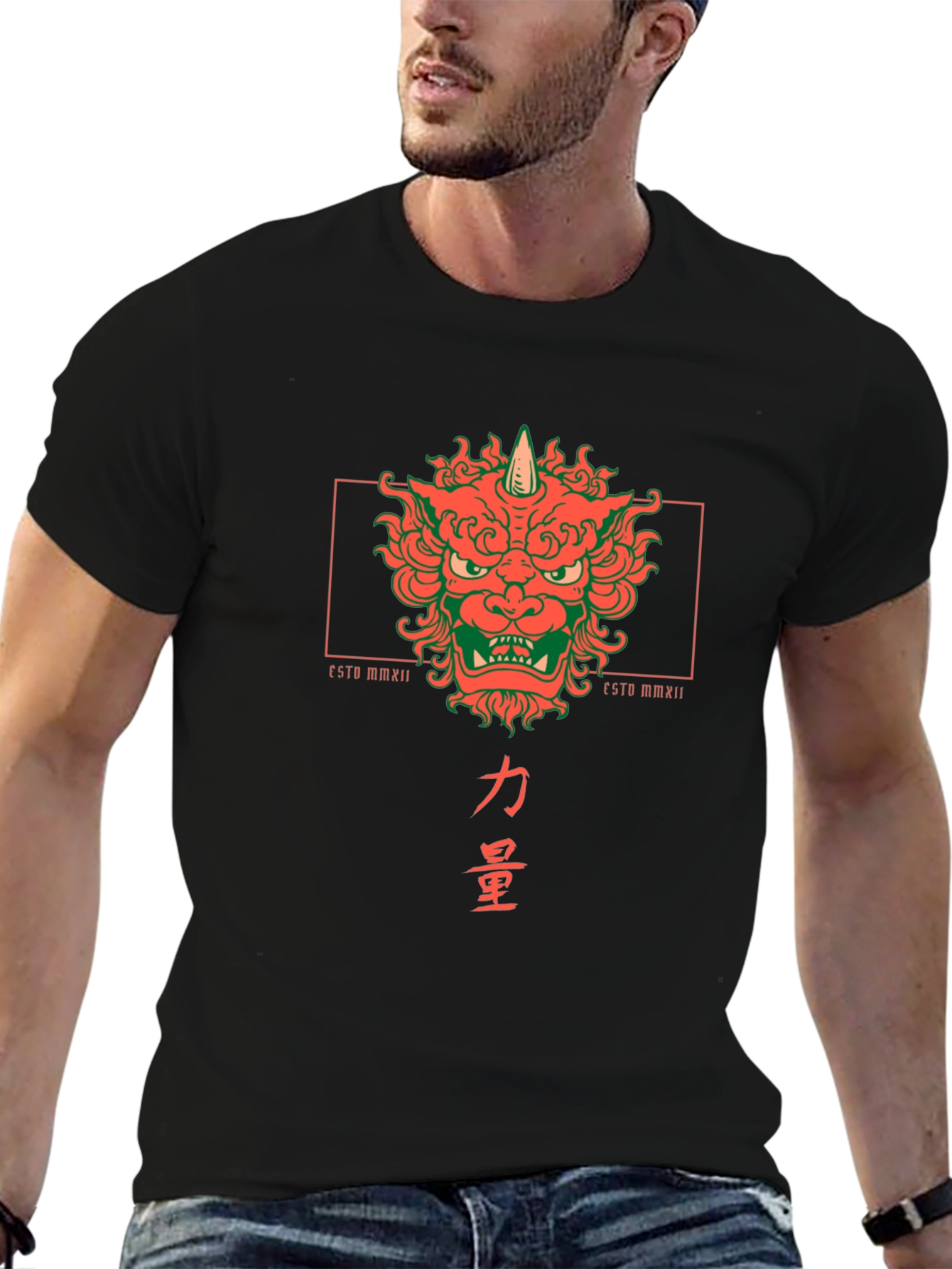 Camiseta Negra con Diseño Japonés de Oni y Kanji